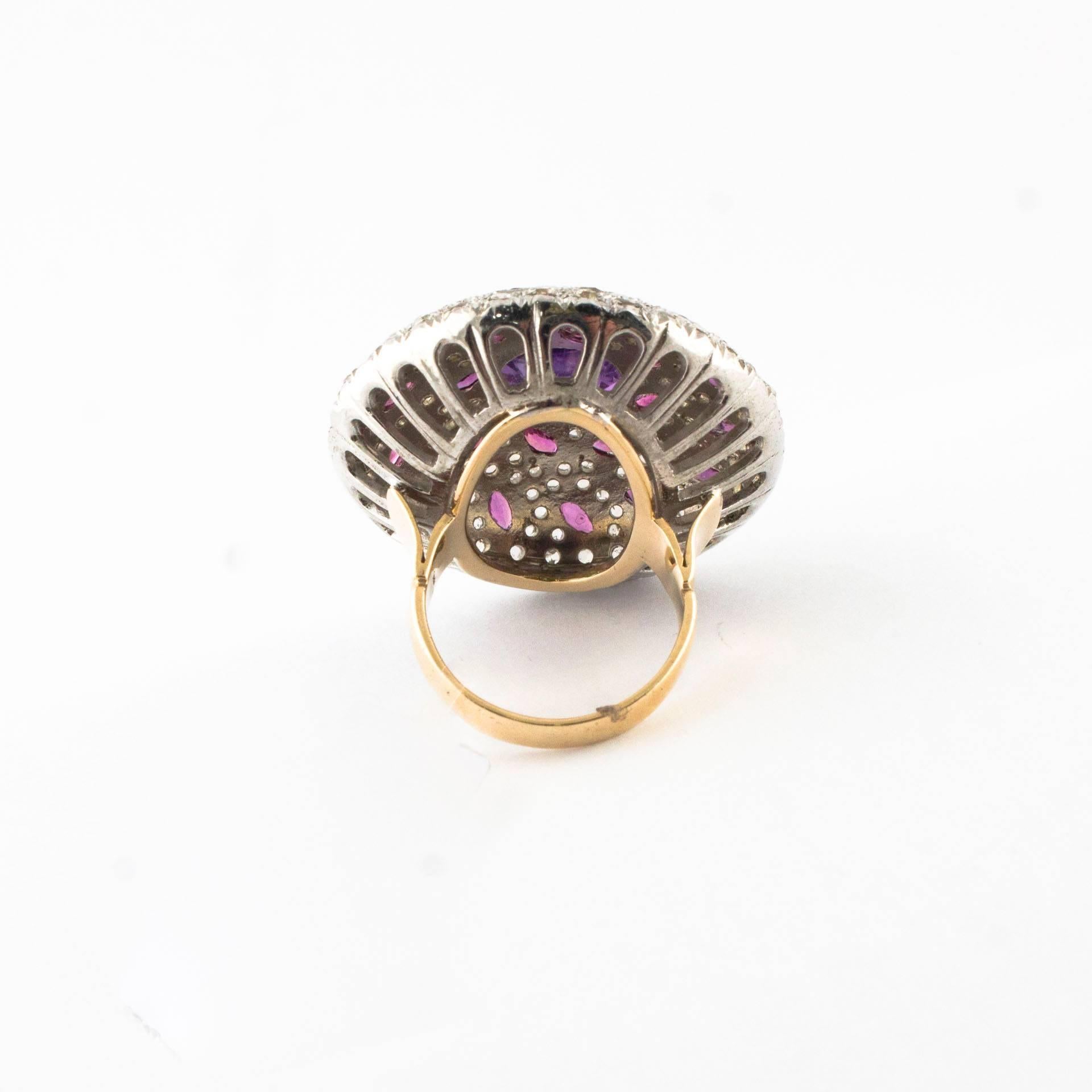 Rose Cut Rubies Amethyst Diamonds Rose Gold and Silver Round Ring 