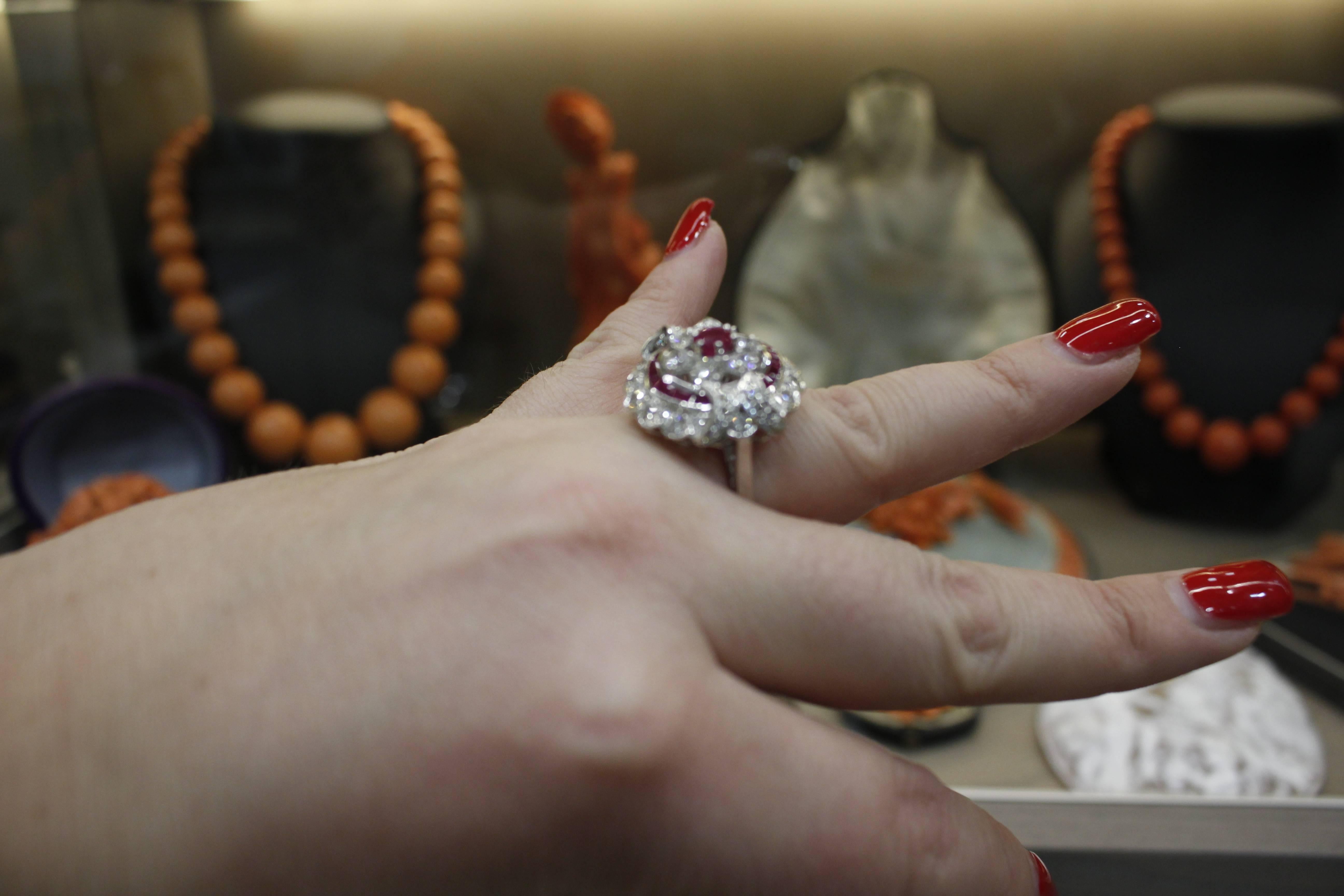 Women's Circular Diamond Ruby White Gold Cocktail Ring For Sale