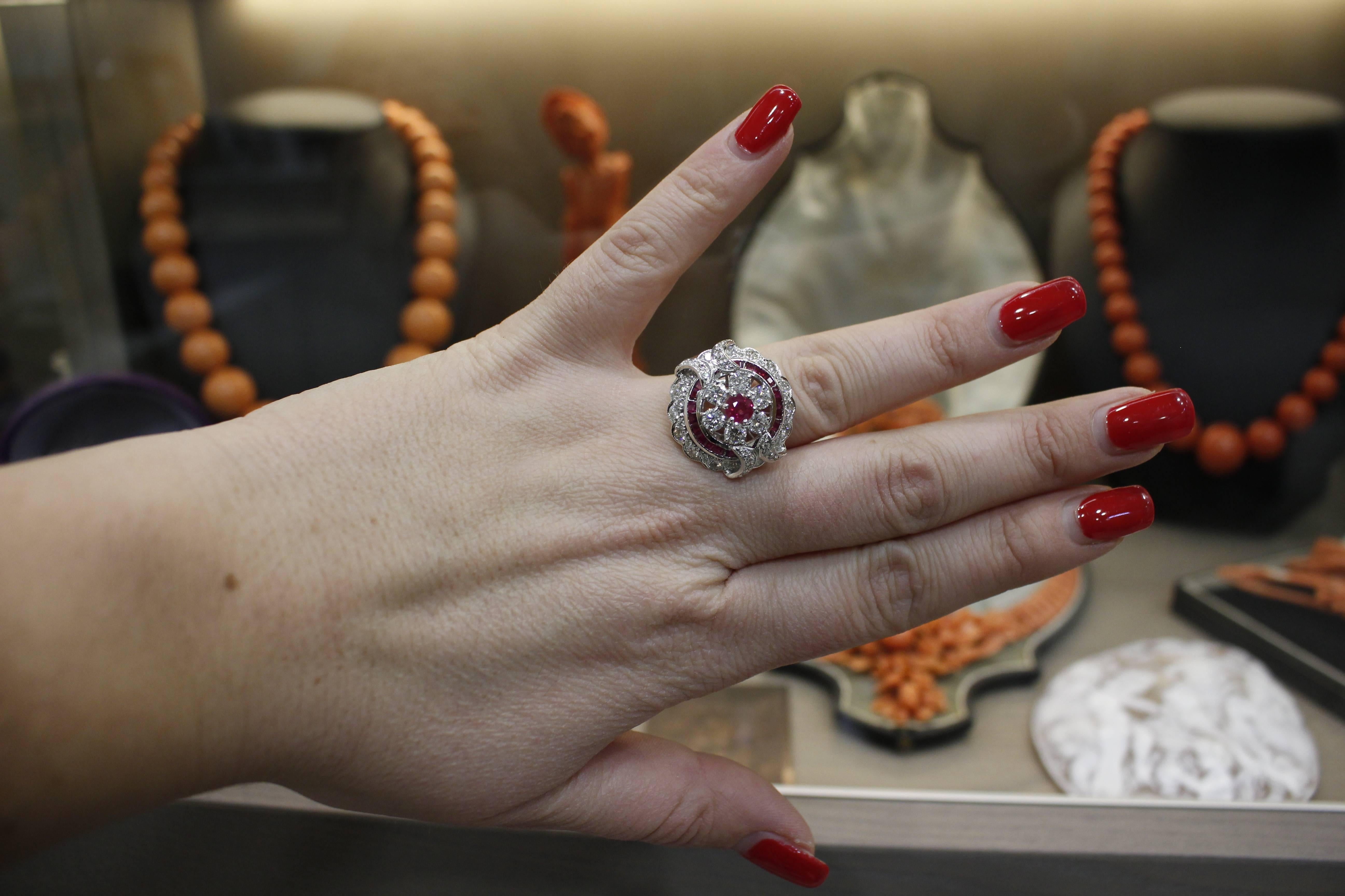 Mixed Cut Circular Diamond Ruby White Gold Cocktail Ring For Sale