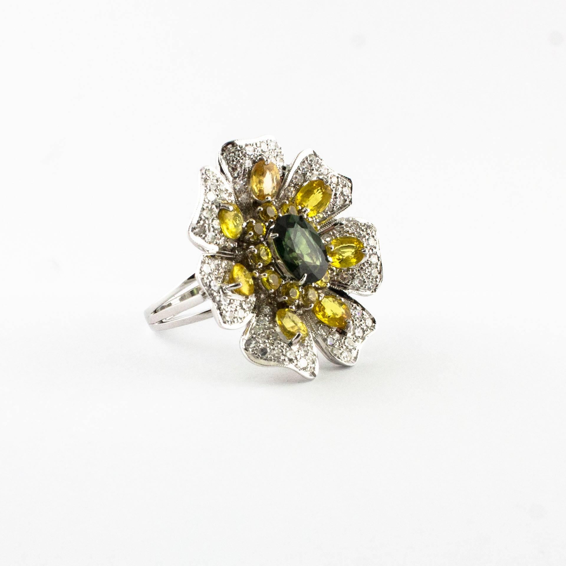 Retro White Gold Diamonds Sapphires Fantastic Flower Ring For Sale