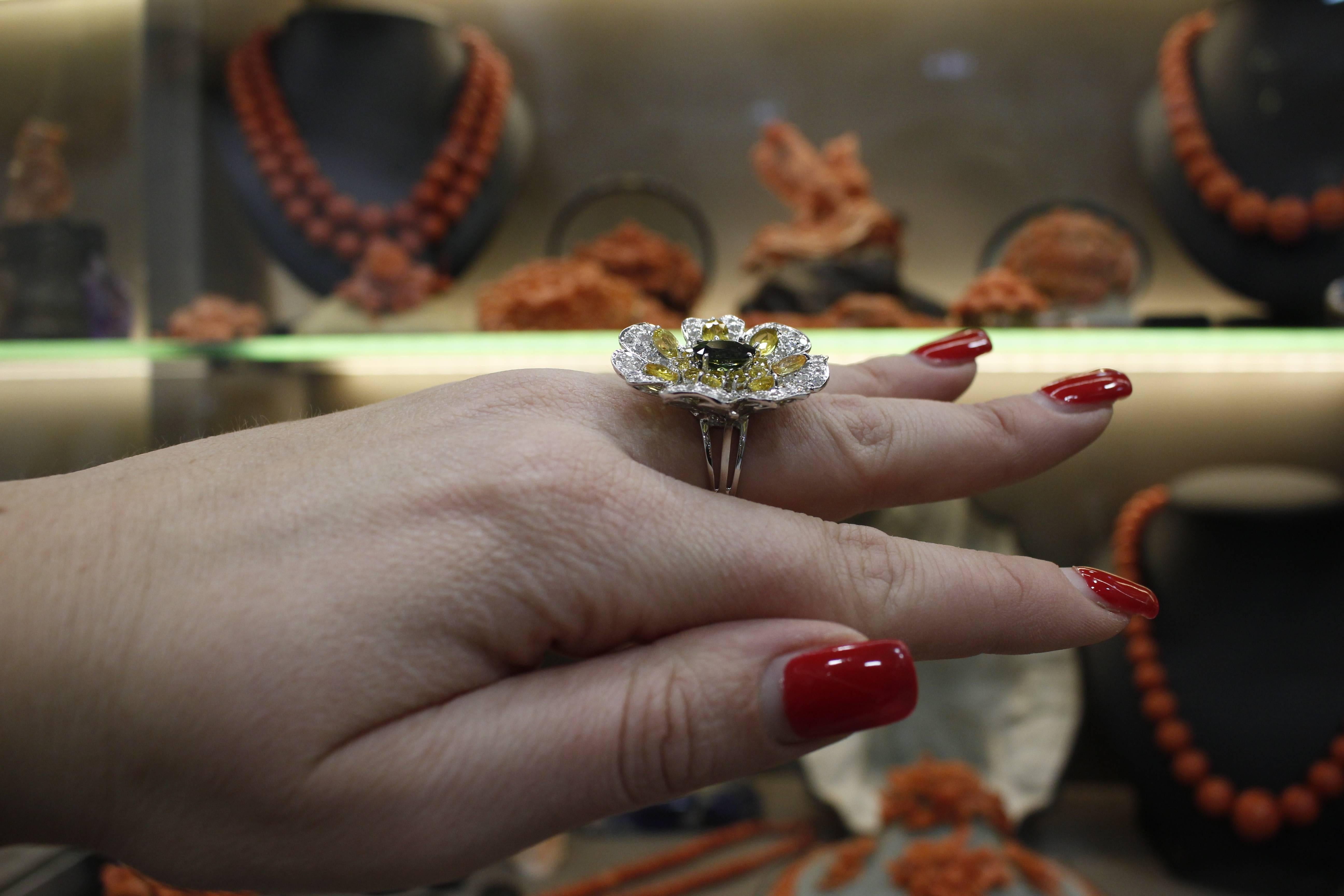 Women's White Gold Diamonds Sapphires Fantastic Flower Ring For Sale