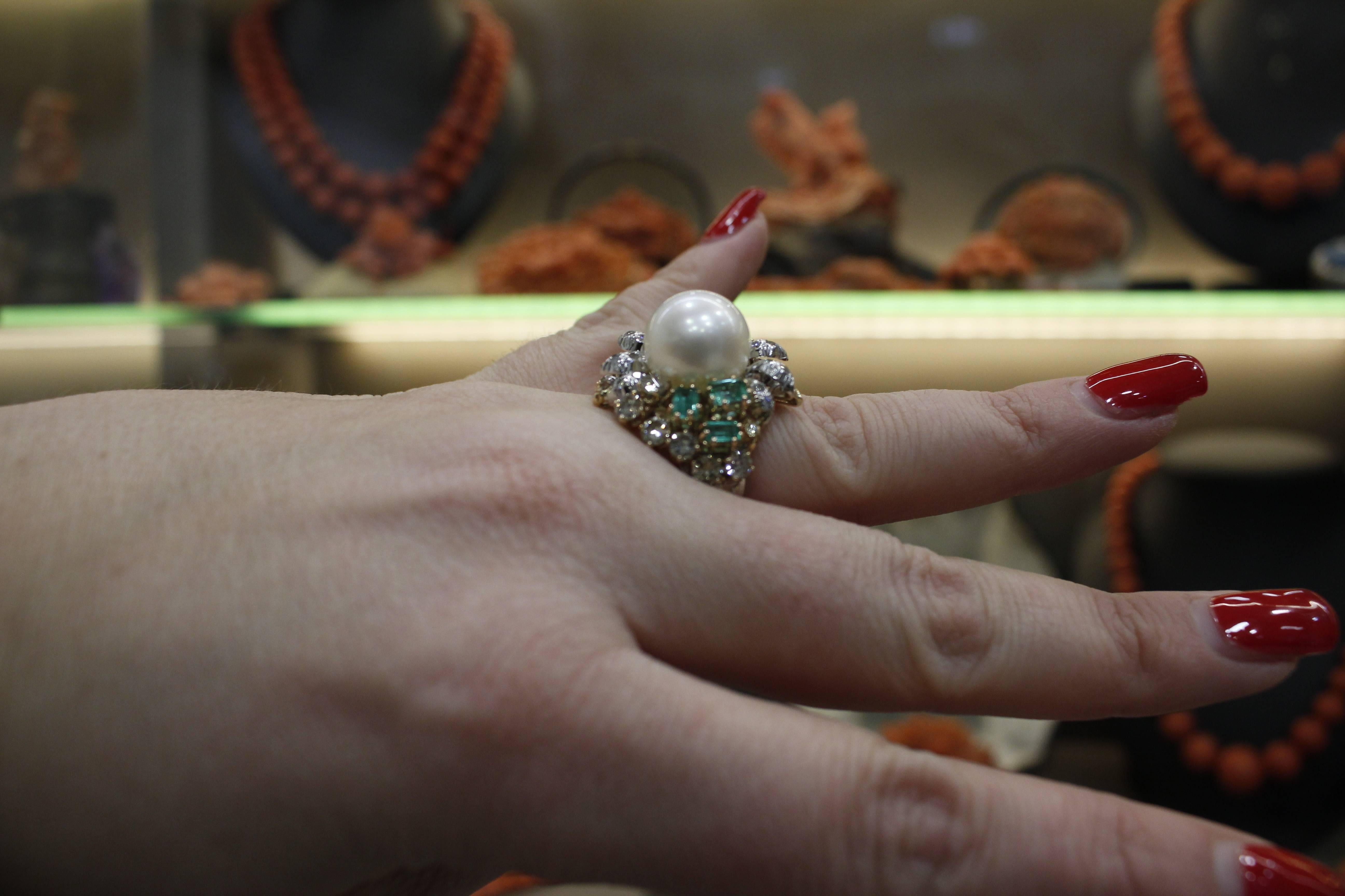 Emerald Cut Diamonds Emeralds Pearl White Rose Gold Fantastic Ring For Sale