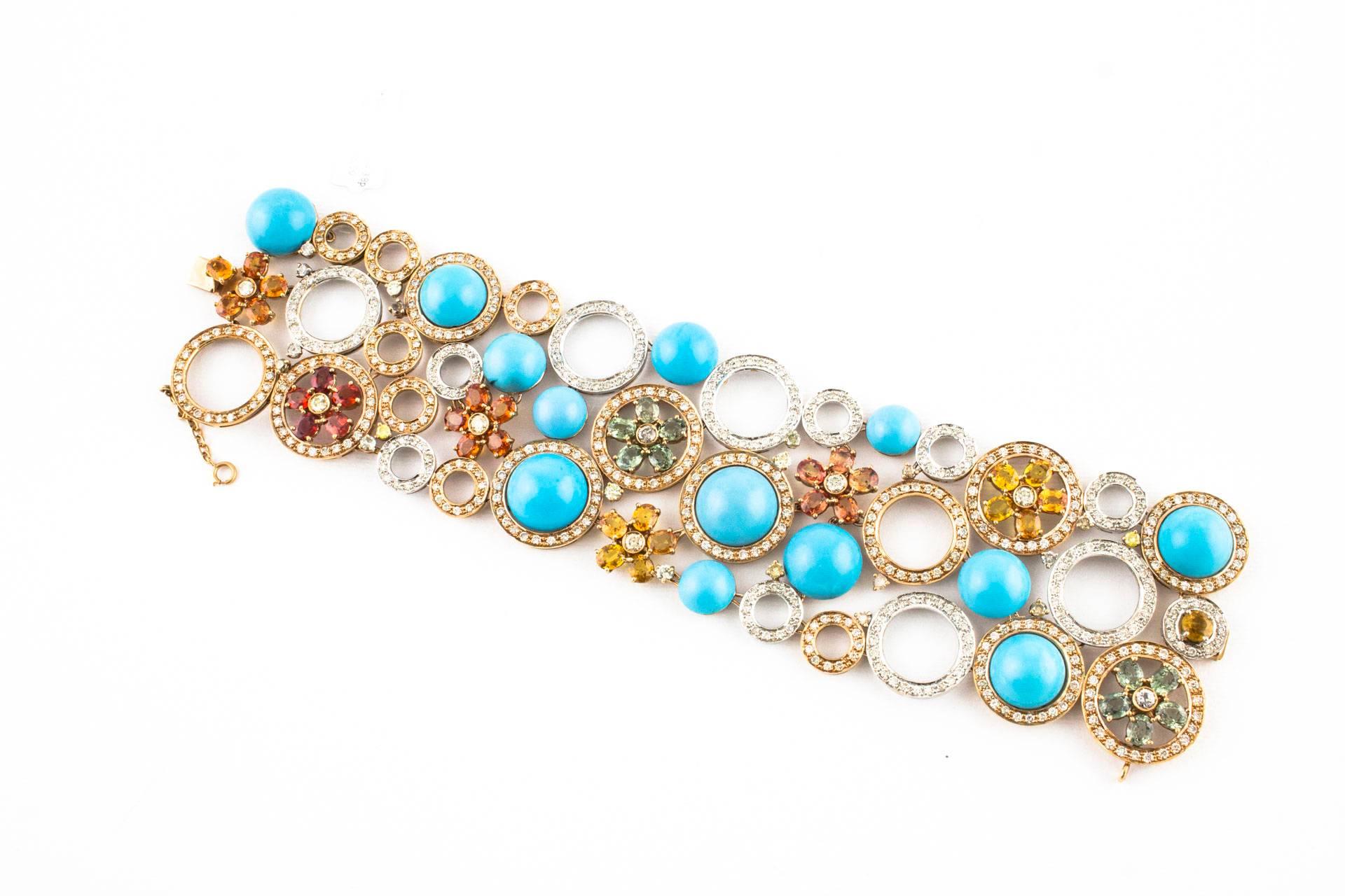 Retro Diamonds, Sapphires, Turquoise, 14 Karat Rose and White  Gold  Bracelet.