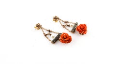 Red Coral Flowers, Diamonds, Pearls, Rubies, Rose Gold and Silver Flower Earrings
