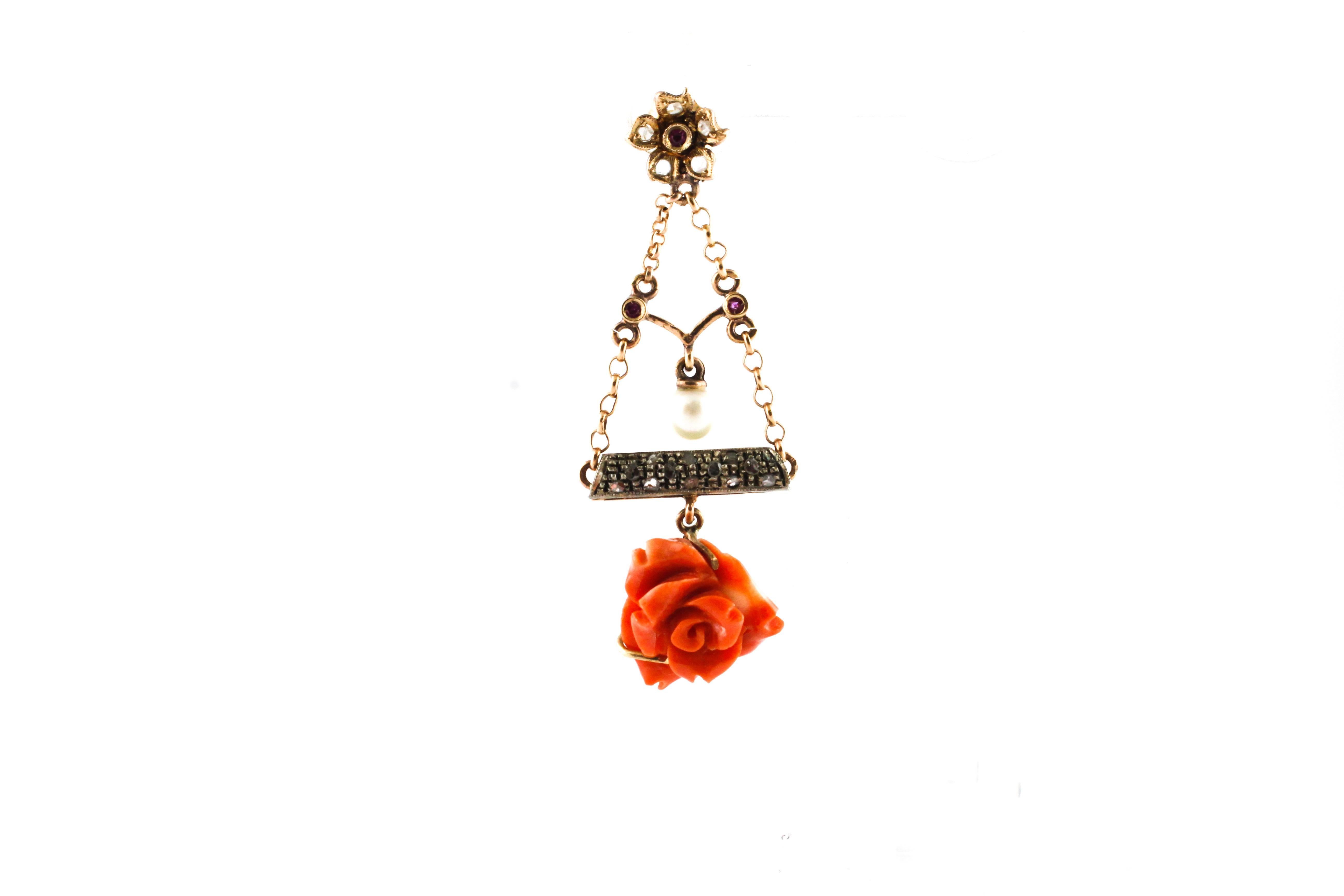 Retro Red Coral Flowers, Diamonds, Pearls, Rubies, Rose Gold and Silver Flower Earrings
