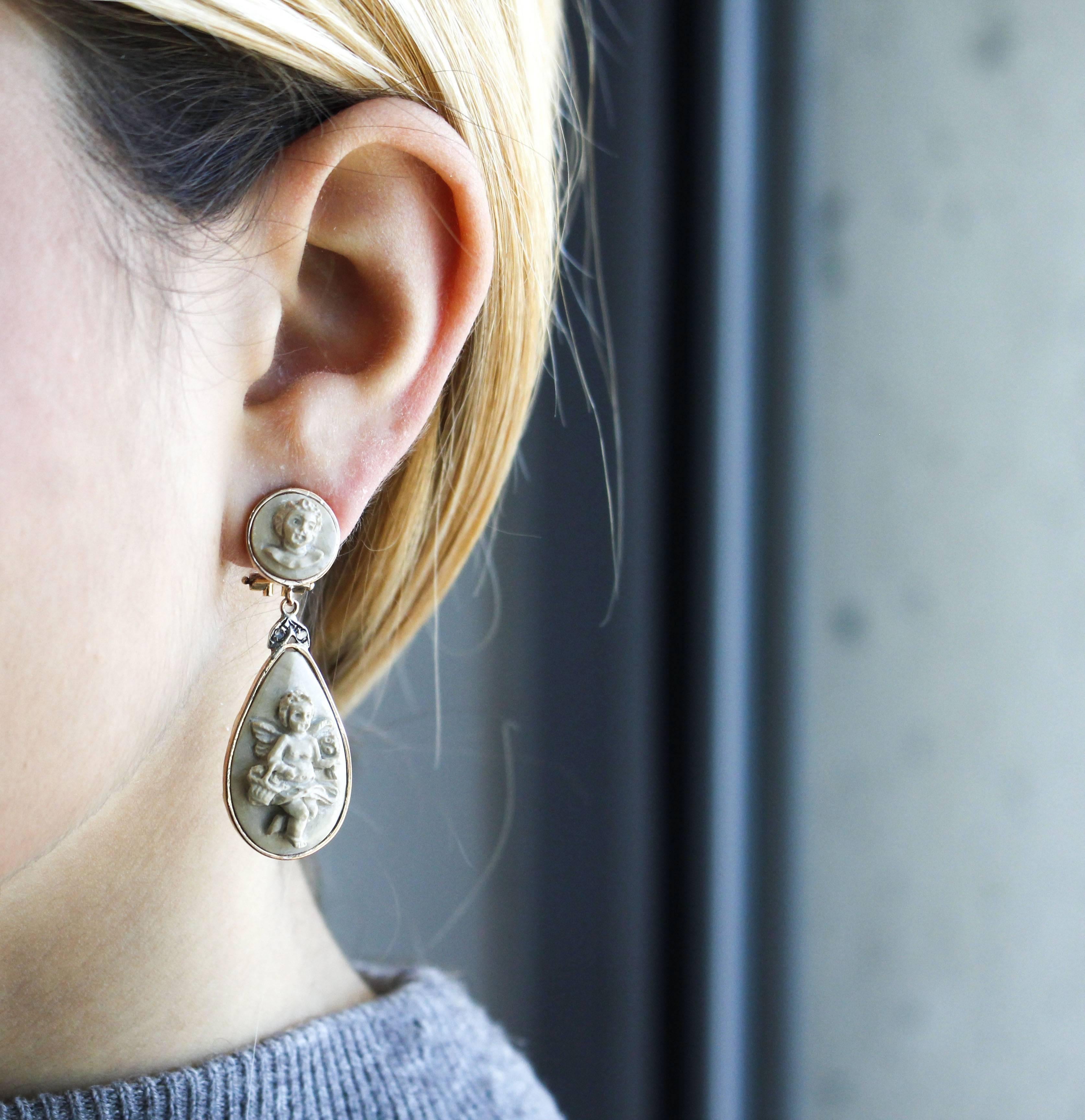 Women's Rose Gold Silver Lava Stone Cherubs Earrings