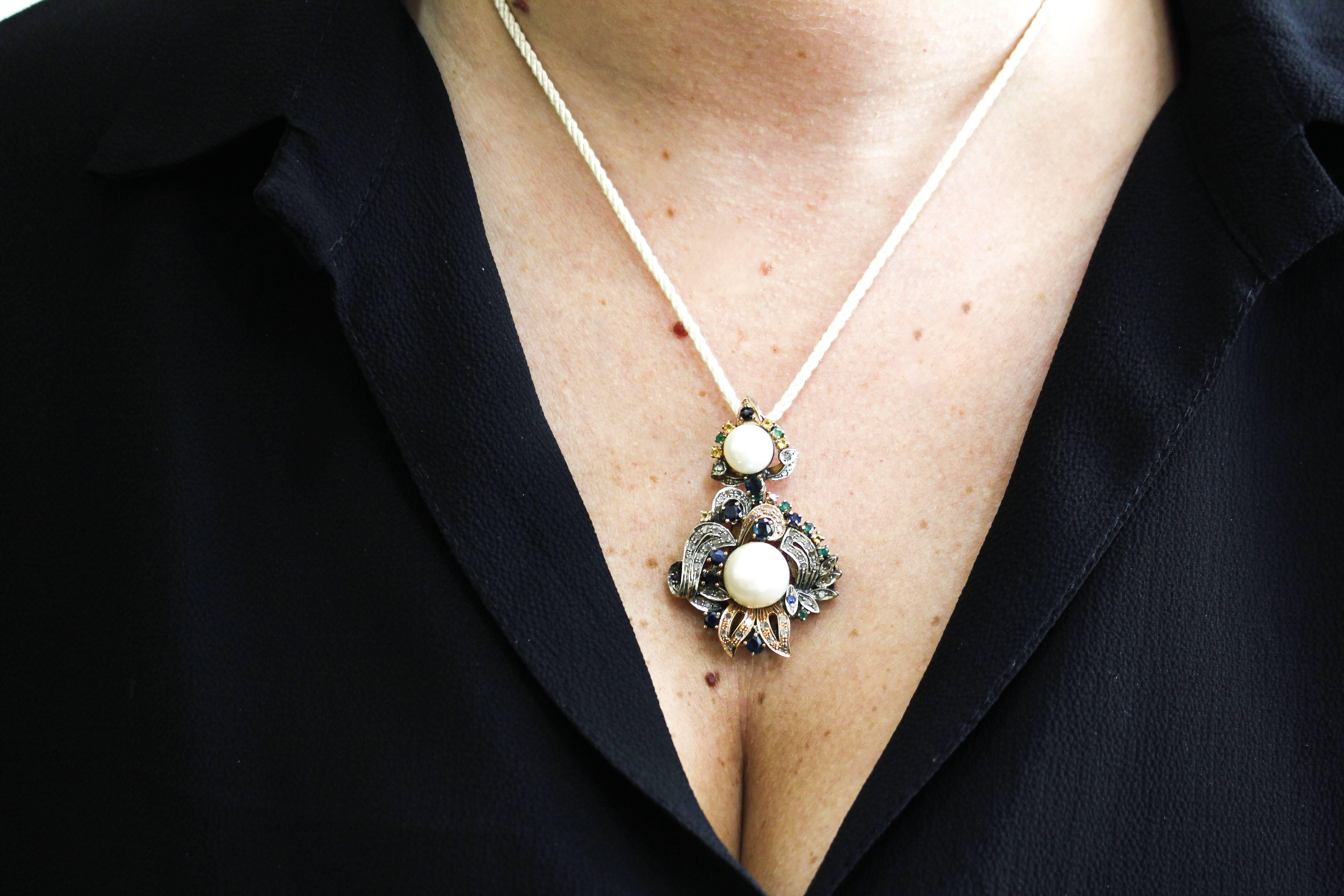 Diamonds Pearls Sapphires Emeralds Rose Gold and Silver Pendant 2