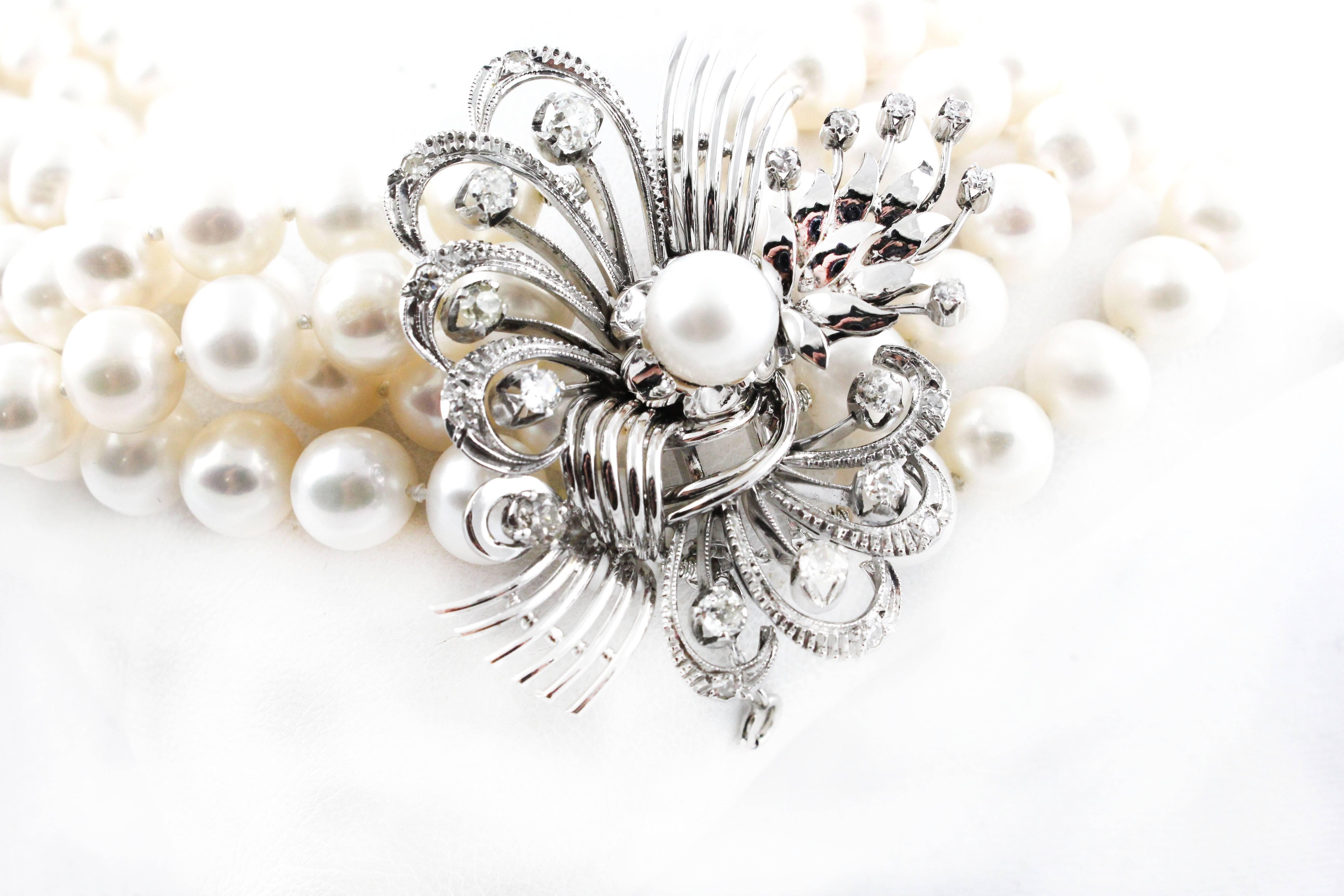 Women's or Men's Pendant Gold Diamonds Multi-Strand Pearls Necklace