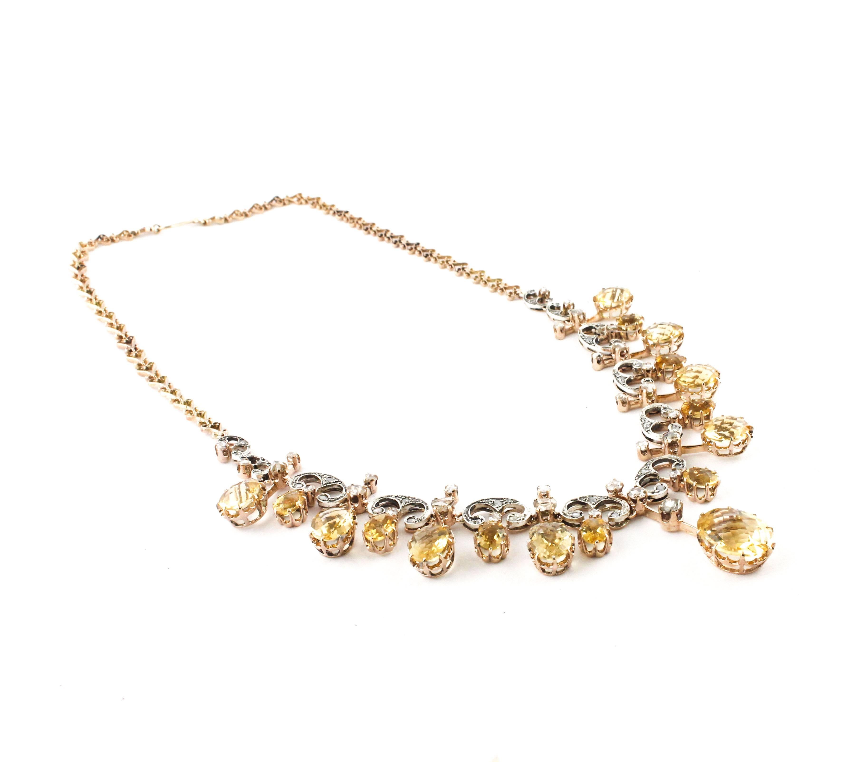 Retro Antique Diamonds Yellow Topazes Rose Gold Choker Necklace