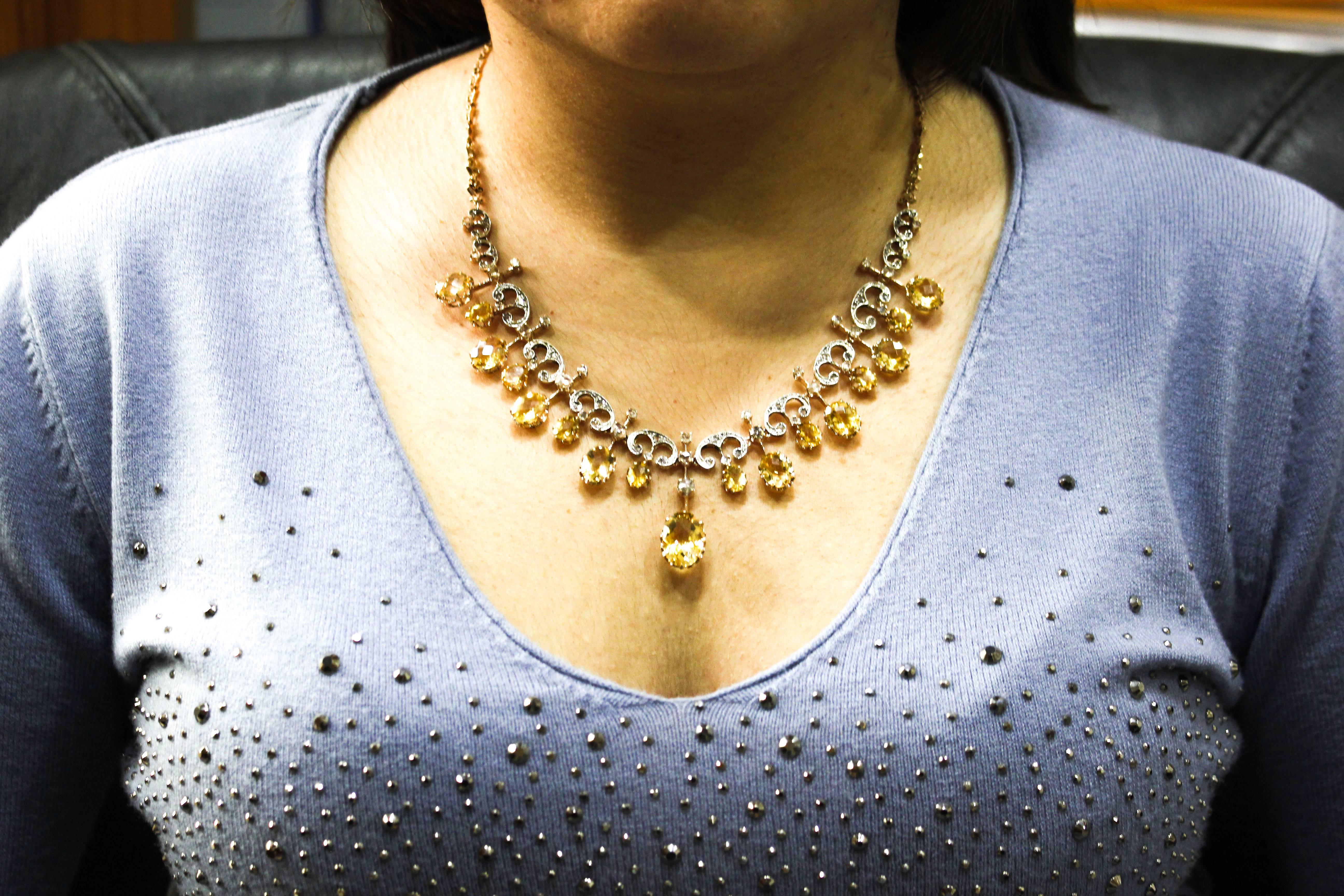 Women's Antique Diamonds Yellow Topazes Rose Gold Choker Necklace
