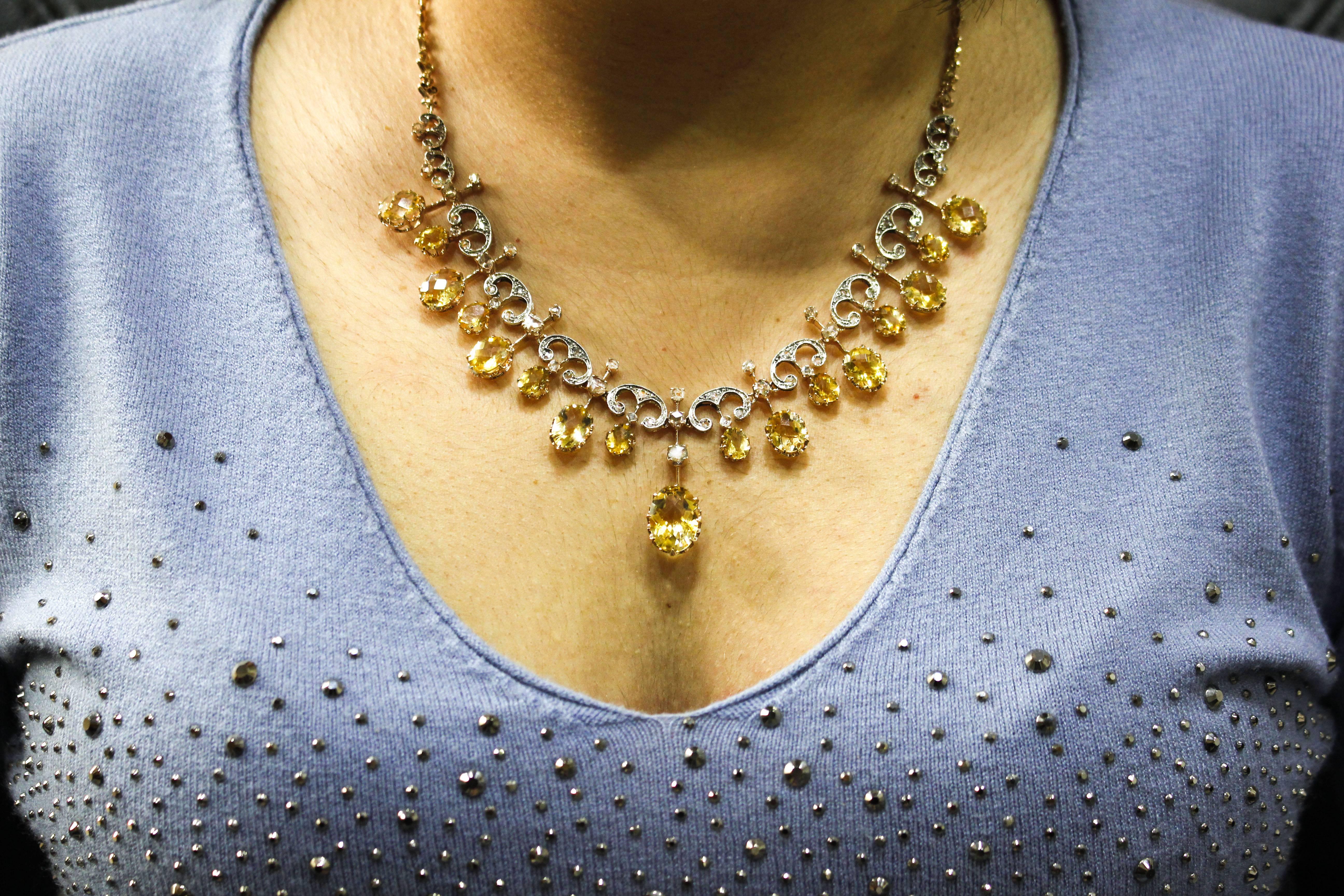 Antique Diamonds Yellow Topazes Rose Gold Choker Necklace 1