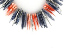 Orange Coral, Kyanite Stones, Diamonds, White Gold Scraps Retrò Necklace
