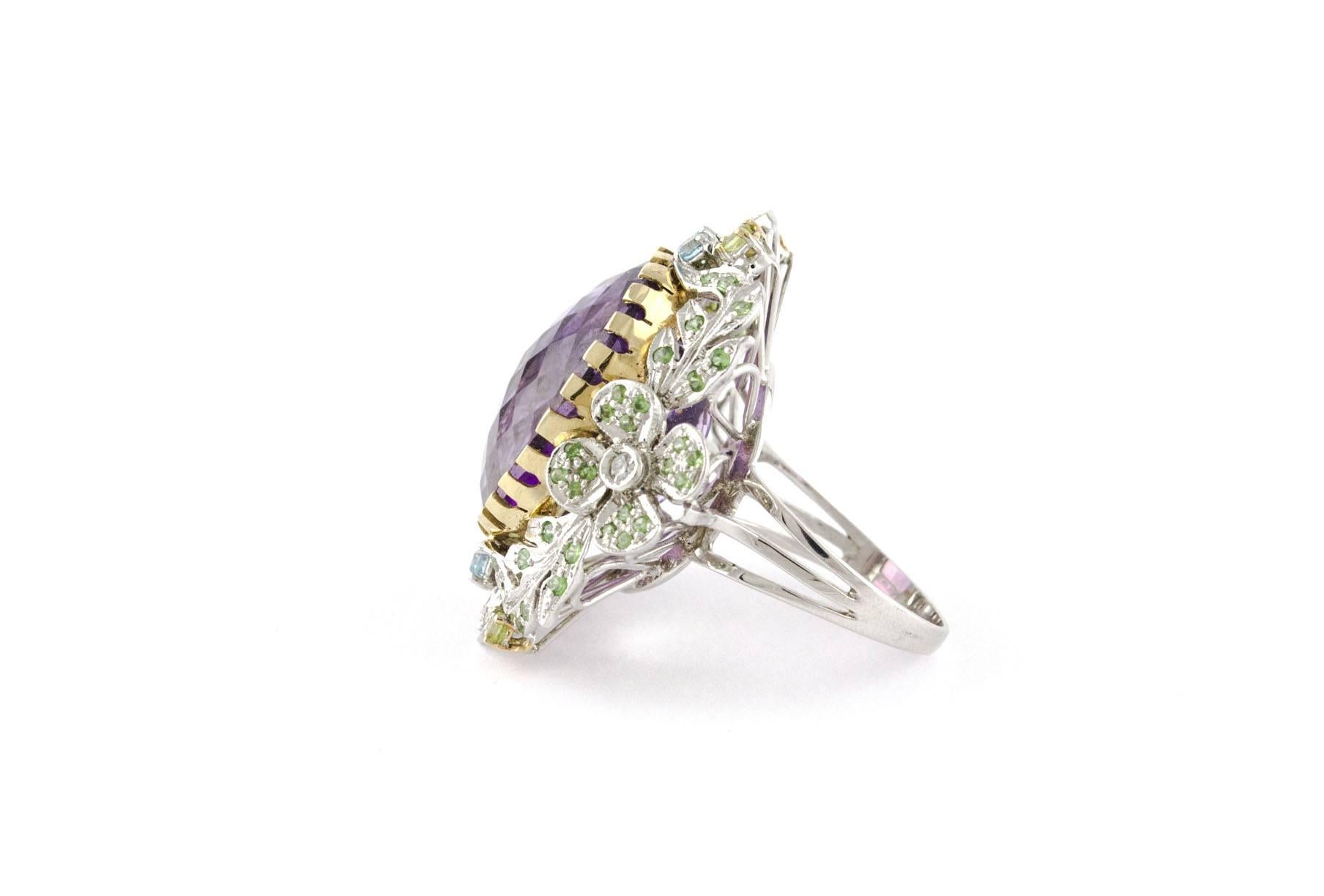 Contemporary Topaz Diamonds Amethyst Rose and White Gold Flower Ring  For Sale