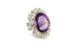 Topaz Diamonds Amethyst Rose and White Gold Flower Ring