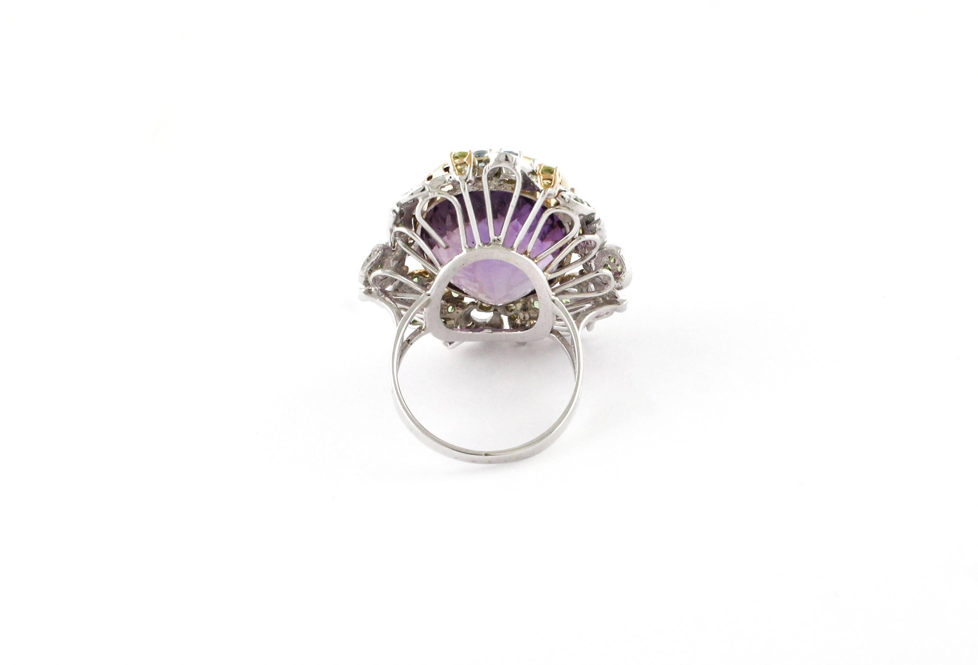 Mixed Cut Topaz Diamonds Amethyst Rose and White Gold Flower Ring  For Sale