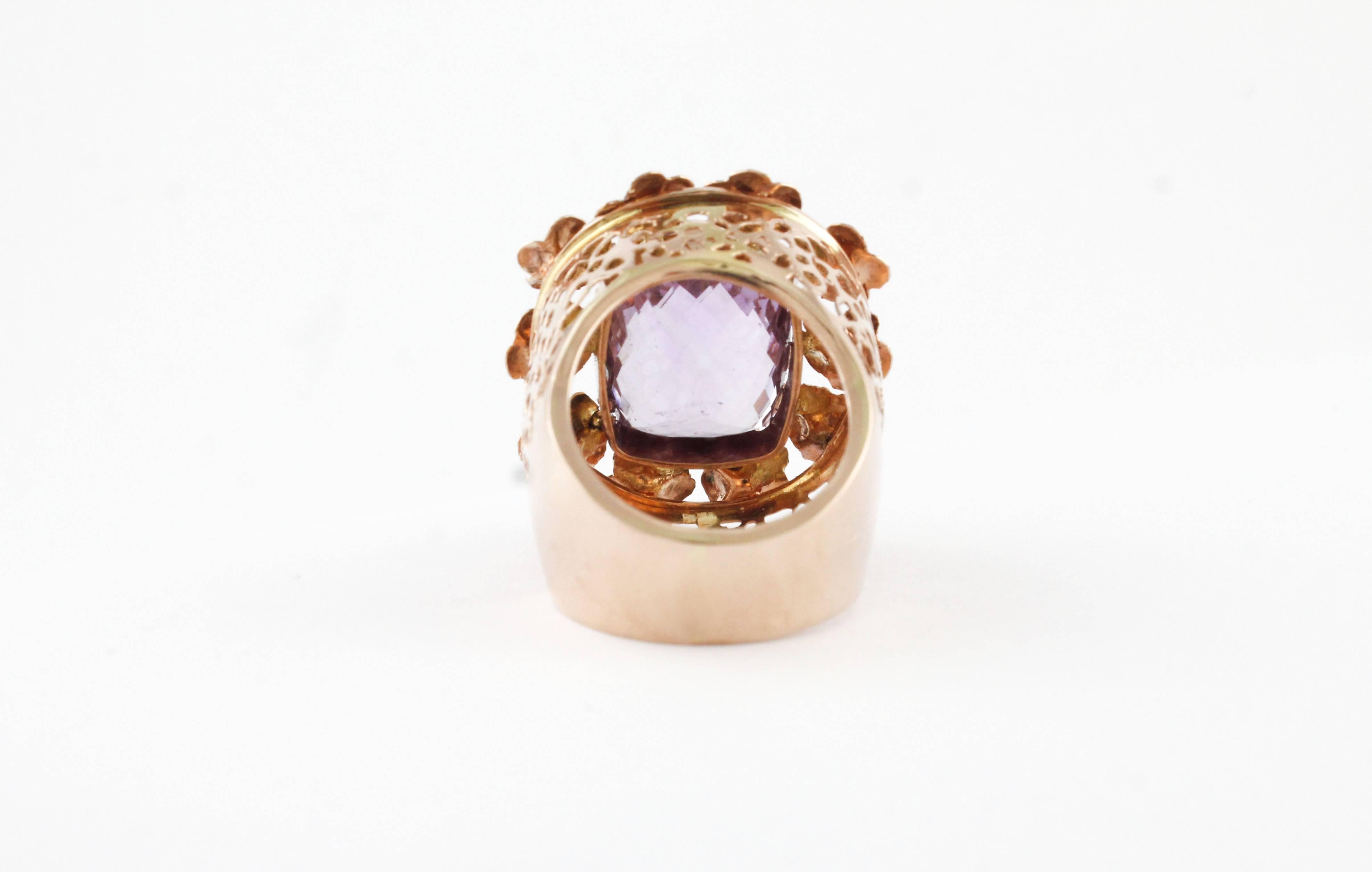 Retro Precious Stones Central Amethyst Rose Gold Ring  For Sale