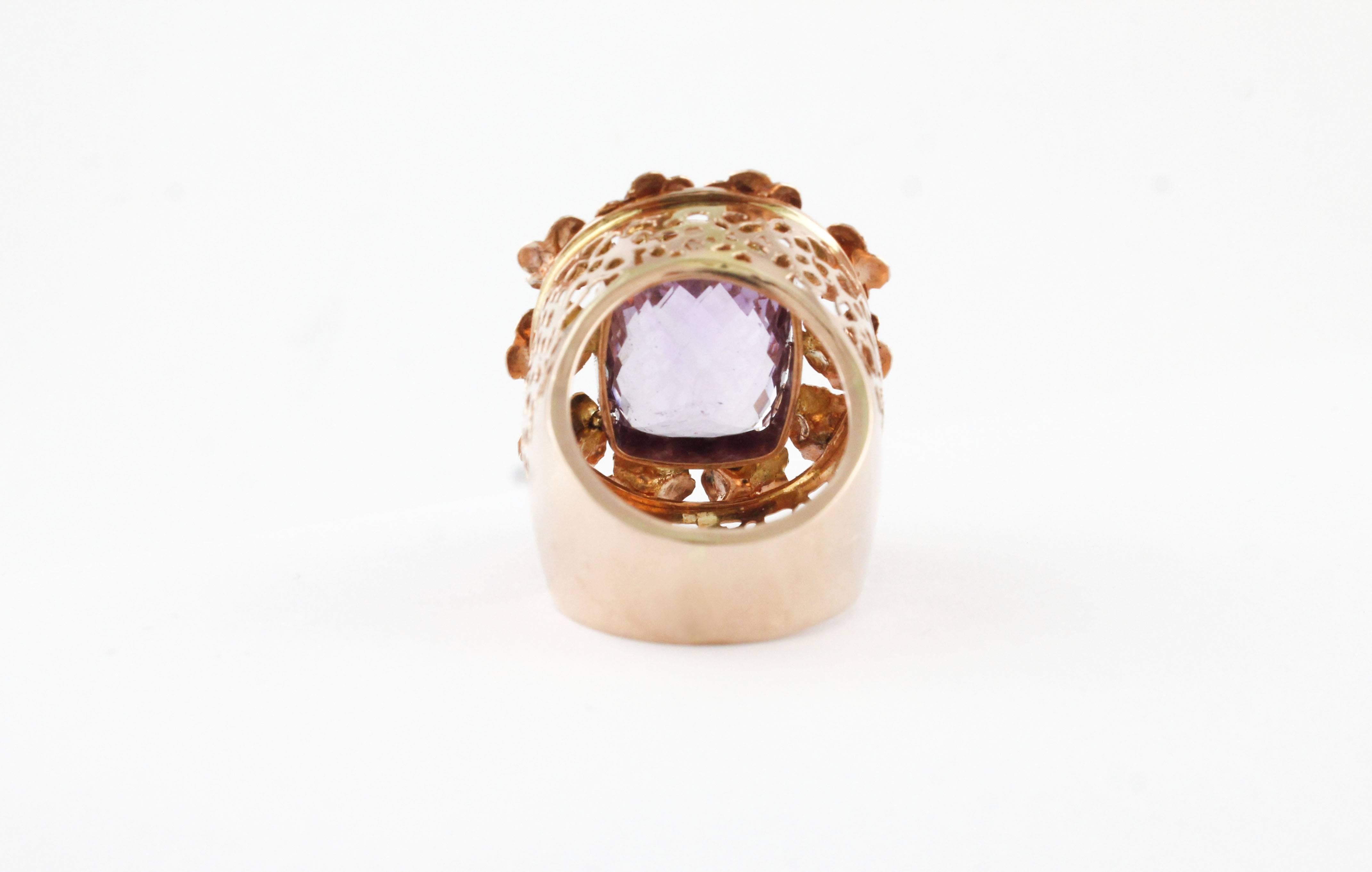Rétro Anello in oro rosa con ametista centrale in vendita