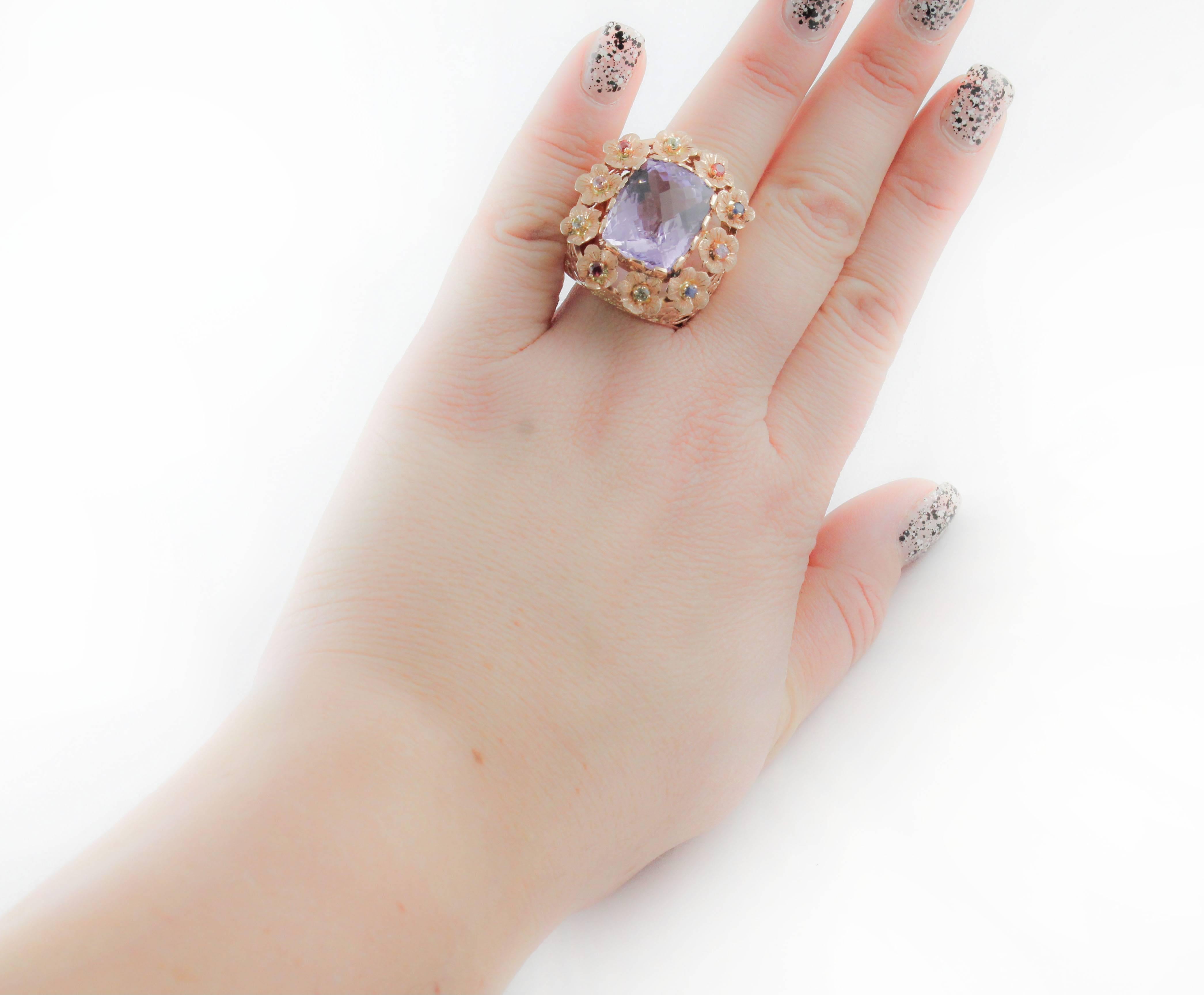 Women's Precious Stones Central Amethyst Rose Gold Ring  For Sale