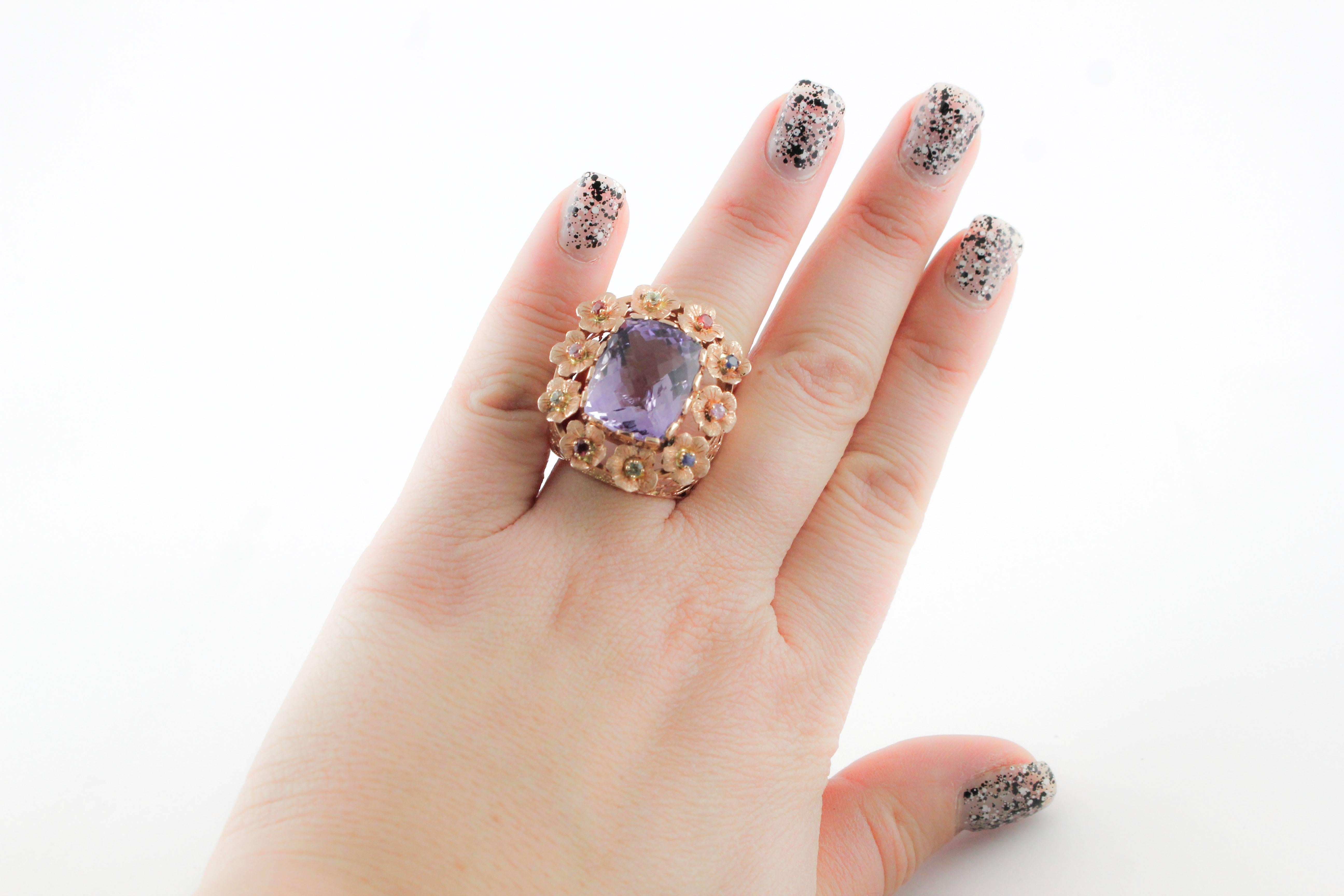 Precious Stones Central Amethyst Rose Gold Ring  In Good Condition For Sale In Marcianise, Marcianise (CE)