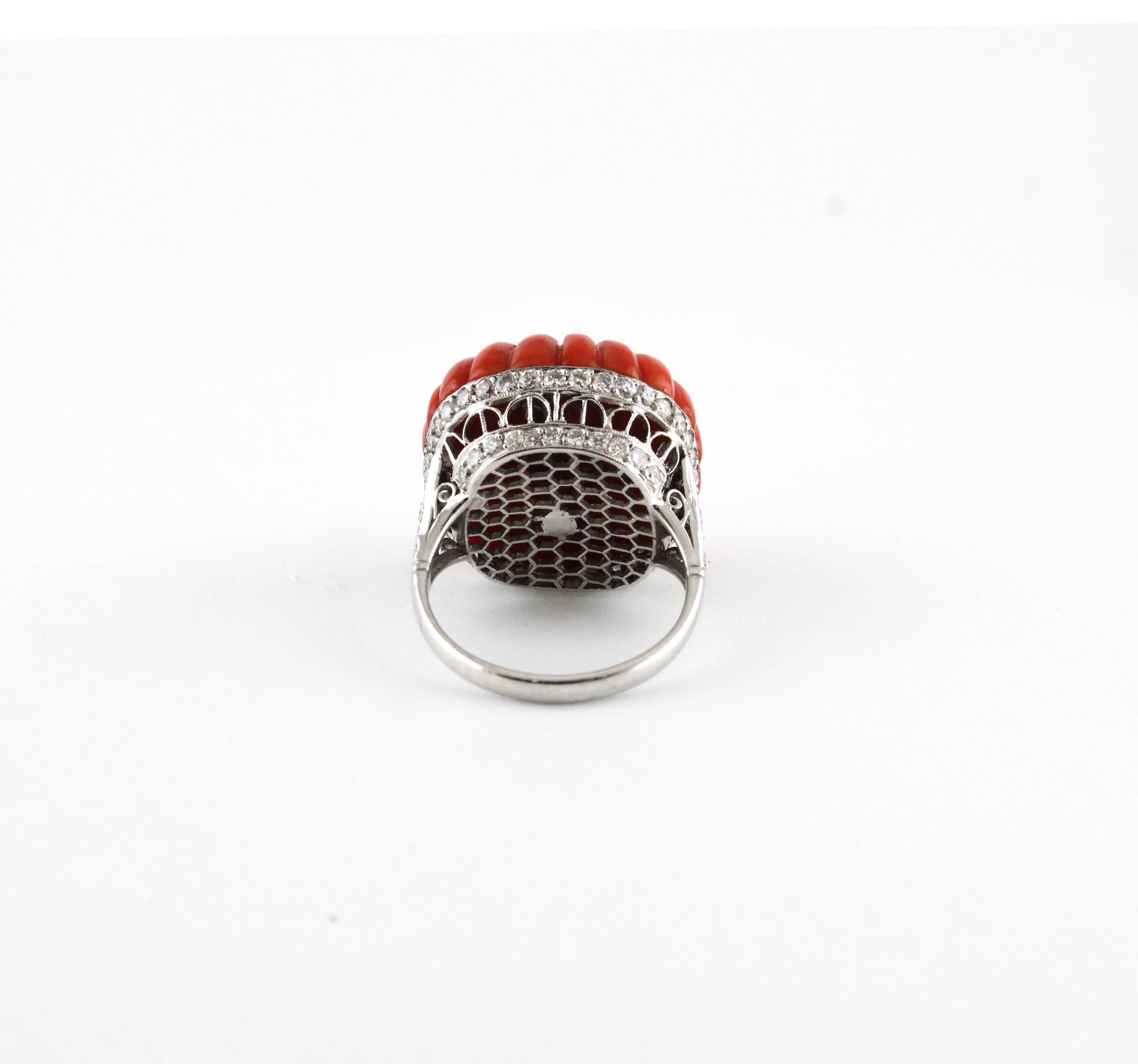 Mixed Cut Coral Diamond Platinium Large Fluted Ring