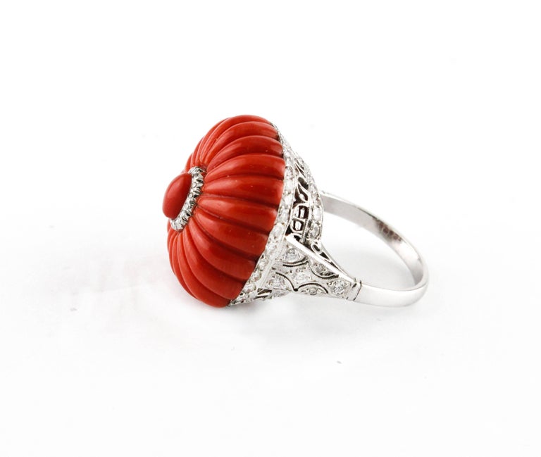 Large Fluted Coral Diamond Ring For Sale at 1stdibs