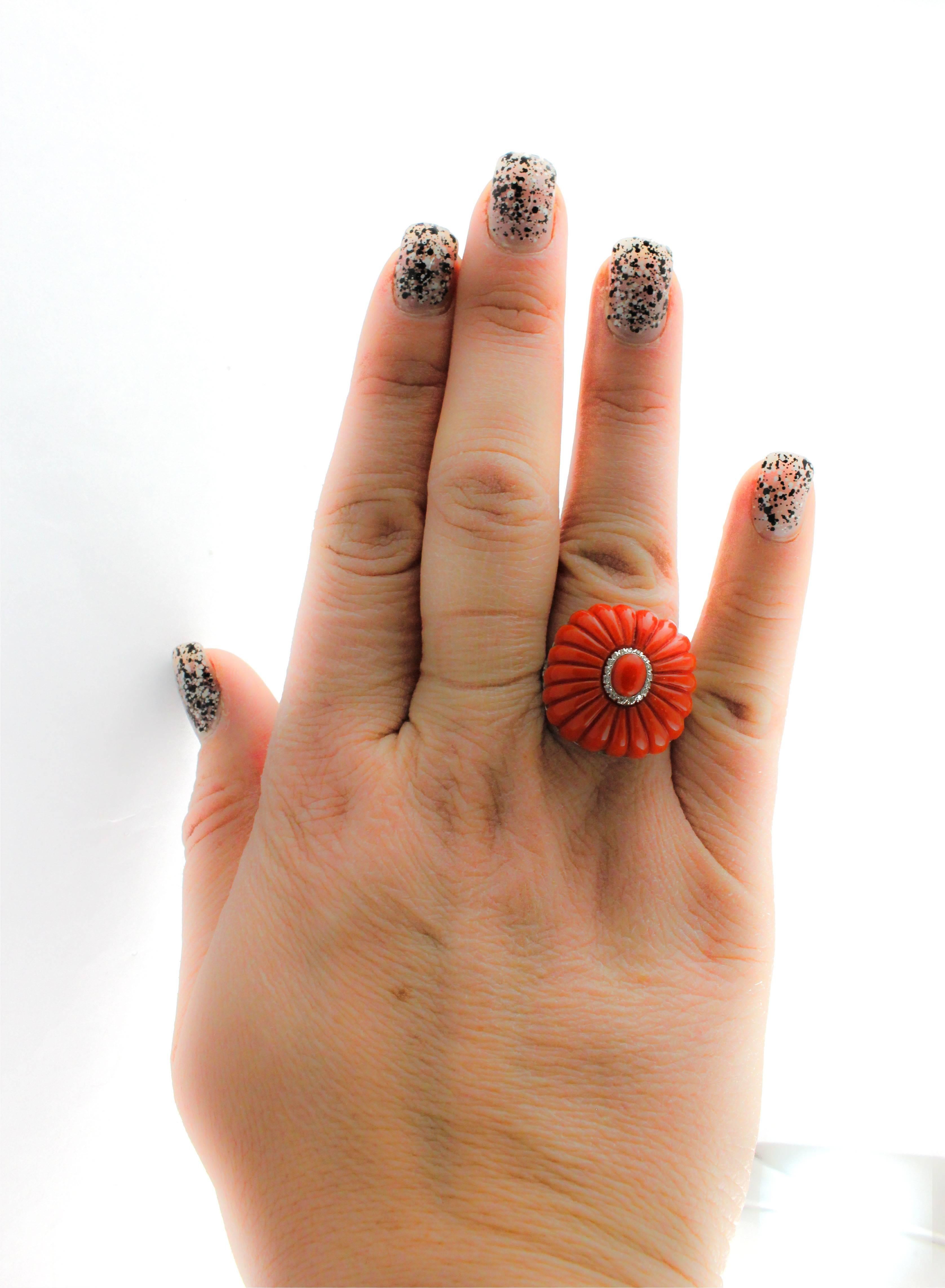 Women's Coral Diamond Platinium Large Fluted Ring
