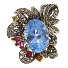 Gold Silver Diamond Sapphire Tanzanite Cocktail Ring