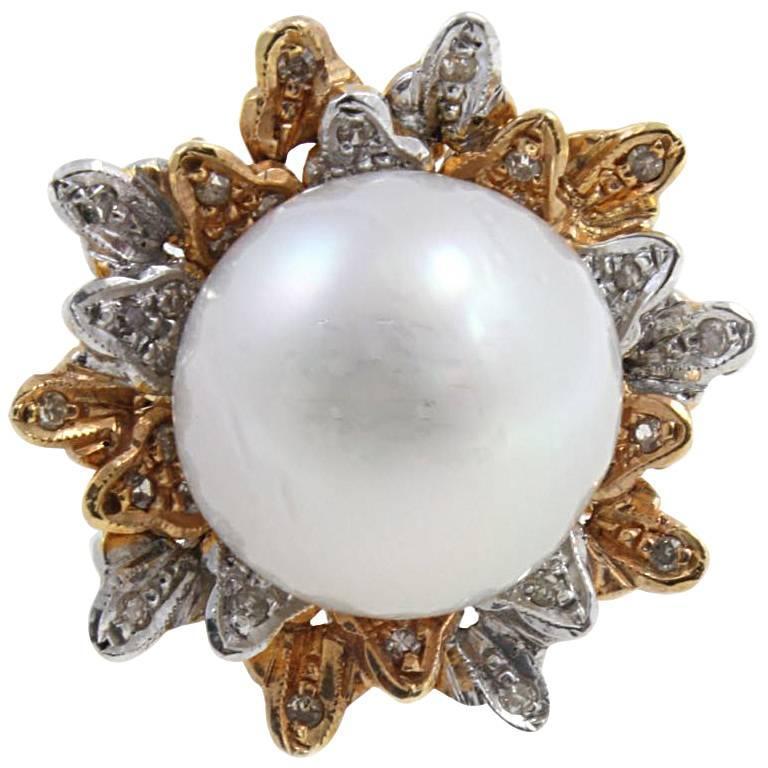 Diamond Pearl Yellow Gold and White Gold Ring For Sale
