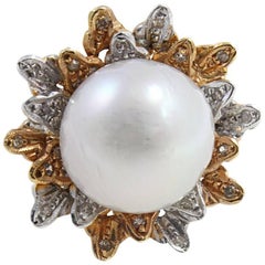 Vintage Diamond Pearl Yellow Gold and White Gold Ring