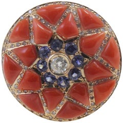 Vintage Corals Diamond and Blue Sapphire Gold Ring