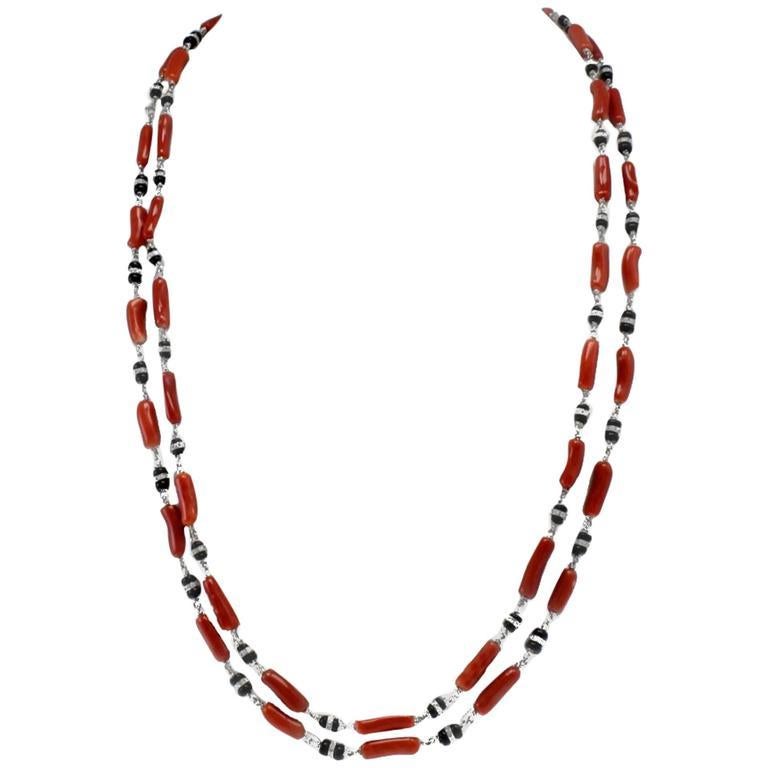 Red Corals, Onyx, White Gold Multi-Strand Necklace or Bracelet