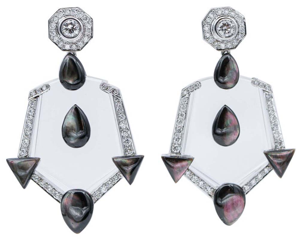 Rock Crystal, Black Stones, Diamonds, 18 Karat White Gold Earrings For Sale