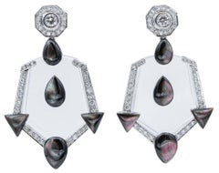 Vintage Rock Crystal, Black Stones, Diamonds, 18 Karat White Gold Earrings