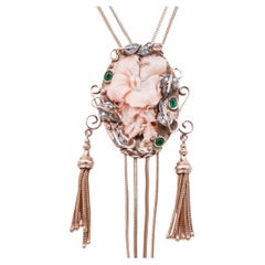 Vintage Pink Coral, Emeralds, Diamonds, 14 Karat Rose Gold and Silver Necklace.