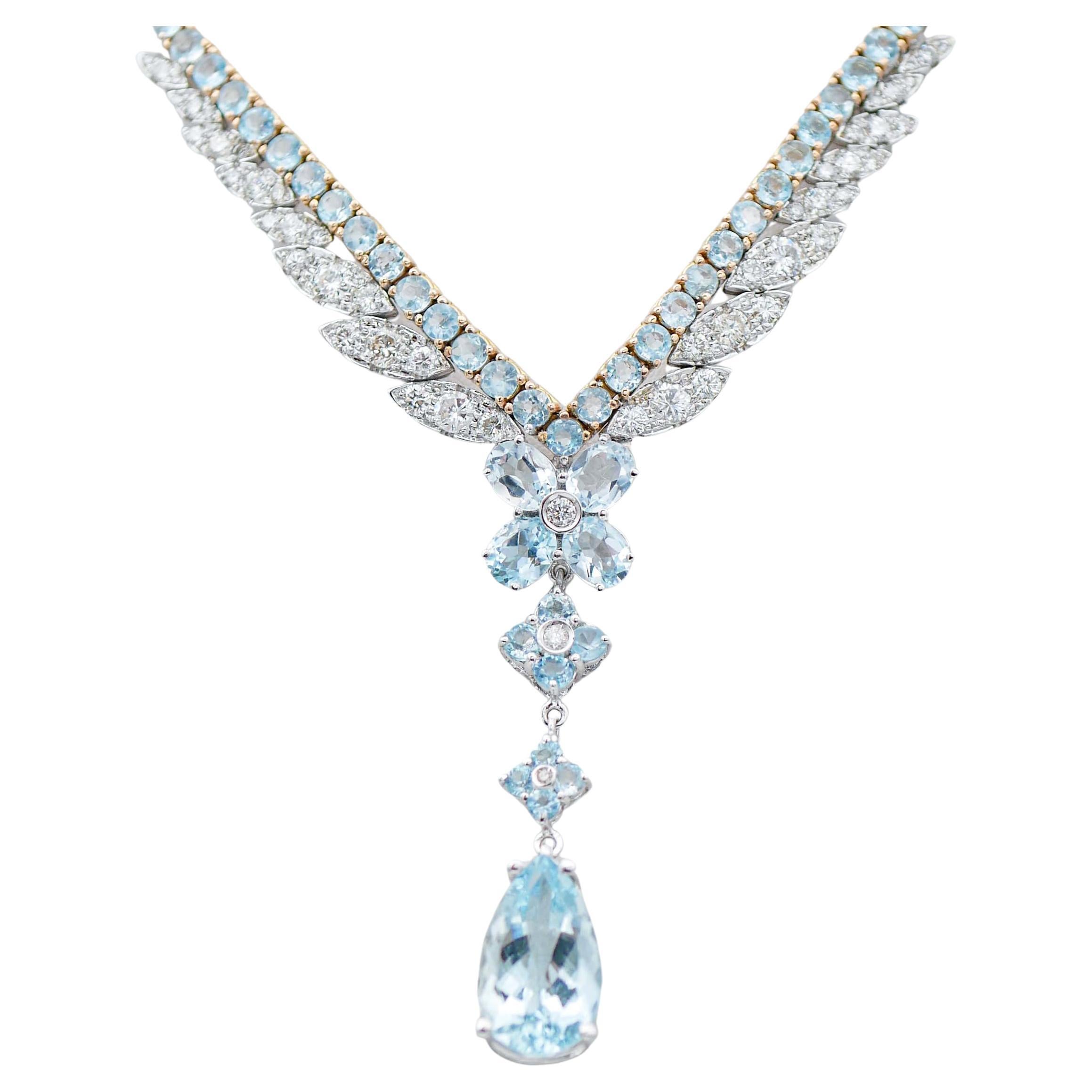 Aquamarine, Diamonds, 14 Karat White and Rose Gold Tennis Necklace