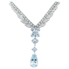 Retro Aquamarine, Diamonds, 14 Karat White and Rose Gold Tennis Necklace