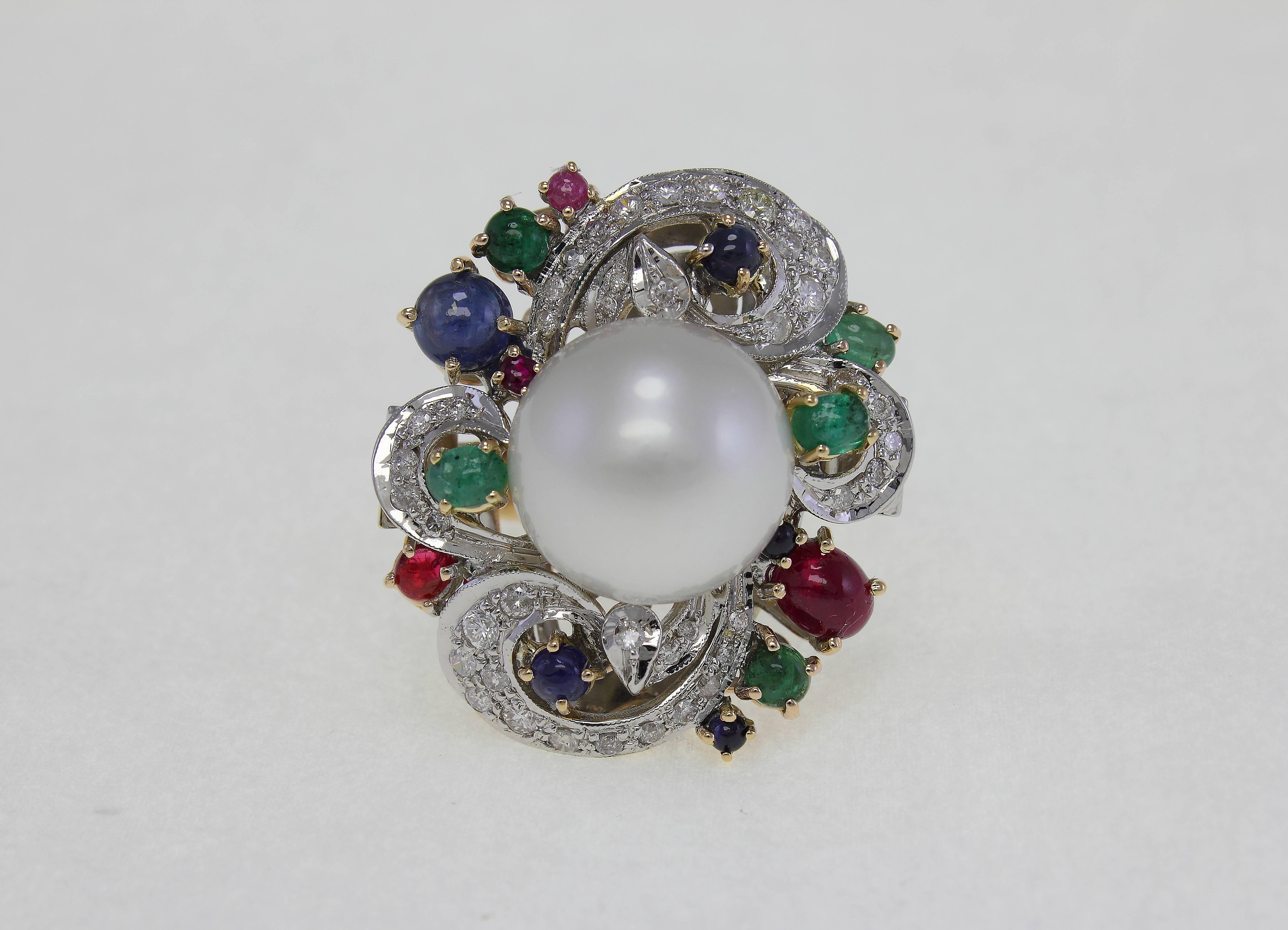 Contemporary Luise  Pearl Sapphire Ruby Emerald Diamond & Gold Ring