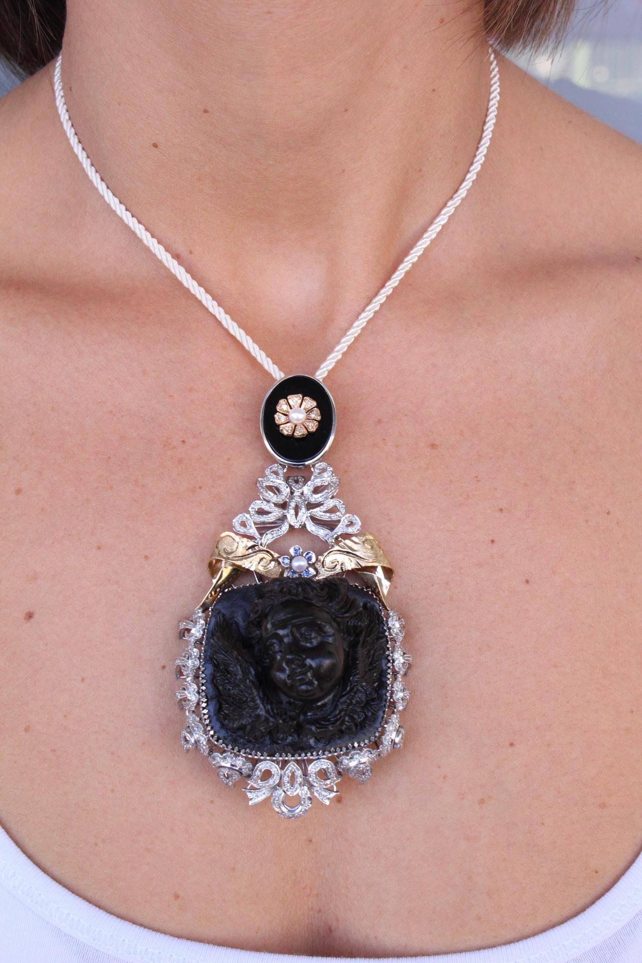 Onyx, Ebony Angel, Diamonds, Blue Sapphires, Pearls, Rose White Gold Pendant In Good Condition For Sale In Marcianise, Marcianise (CE)
