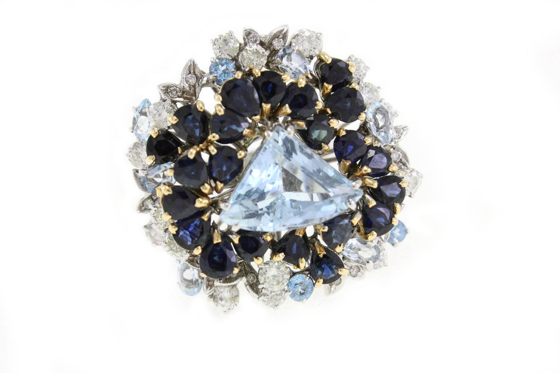 Anello scintillante in oro bianco e giallo 14K composto da un triangolo centrale di acquamarina circondato da una corona brillante di diamanti e zaffiri blu.
Diamanti 1,96Kt   
zaffiro 7.73K
Acquamarina 6,53Kt  
peso totale 17gr
Taglia US
Larghezza