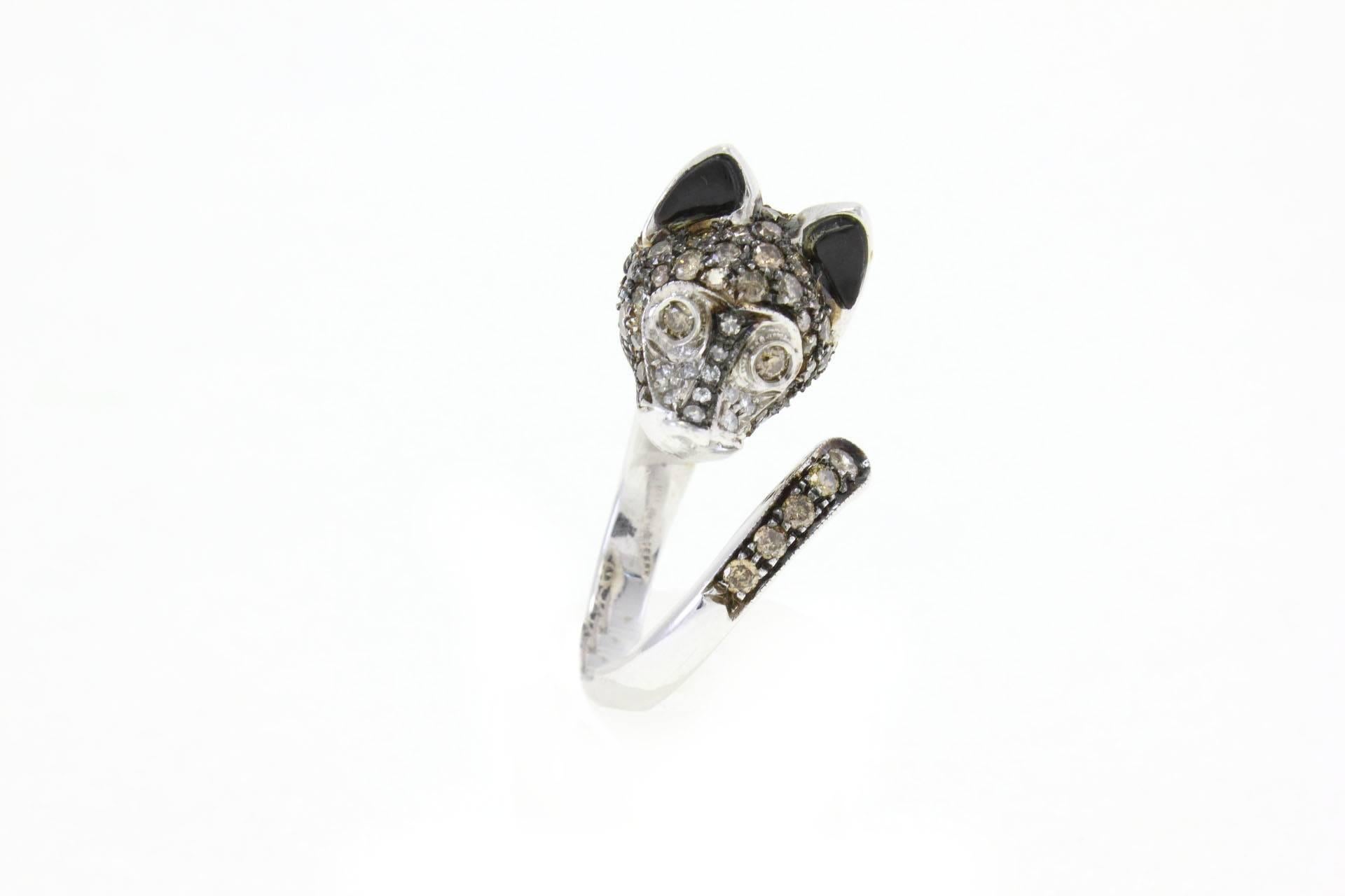  Brown Diamond Onyx Gold Fox Ring In Good Condition In Marcianise, Marcianise (CE)