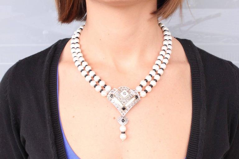 Art Deco Pearl Onyx White Stone Diamond Gold Multi-Strand Necklace