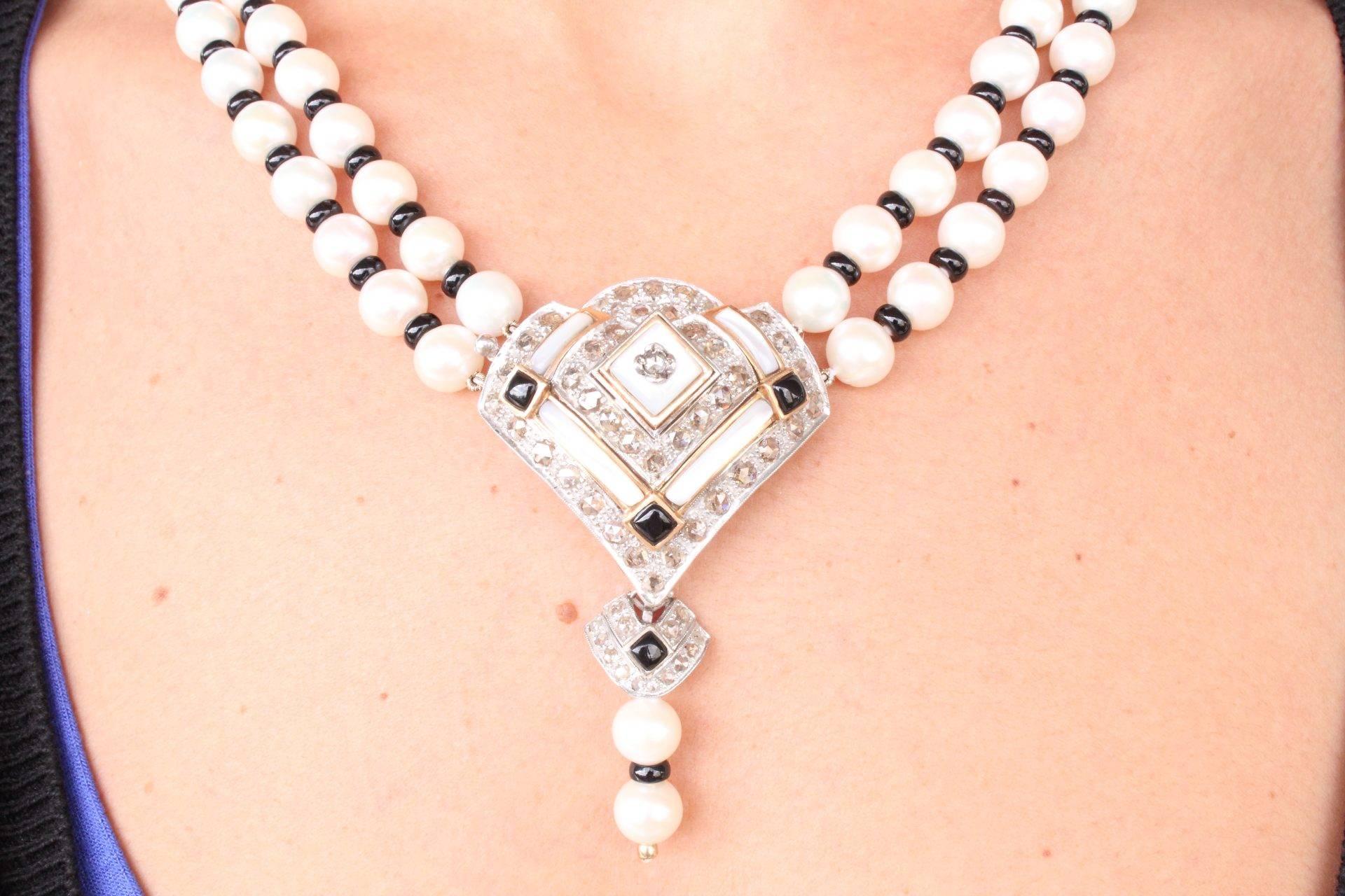 Perle Onyx Weißer Stein Diamant Gold Mehrstrangige Halskette (Brillantschliff) im Angebot
