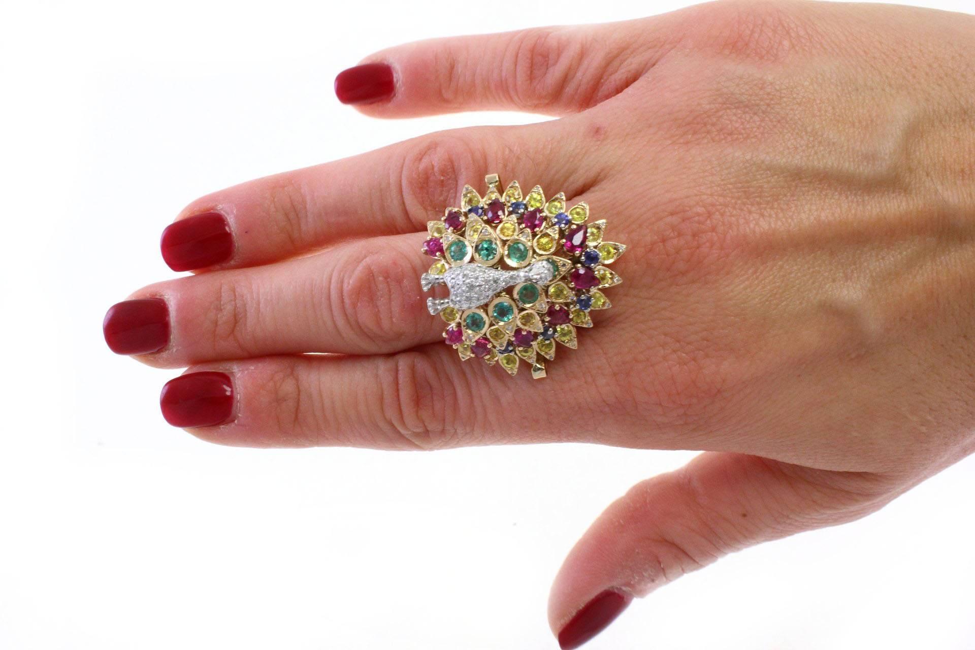 Gemstone Gold Peacock Ring In Good Condition In Marcianise, Marcianise (CE)