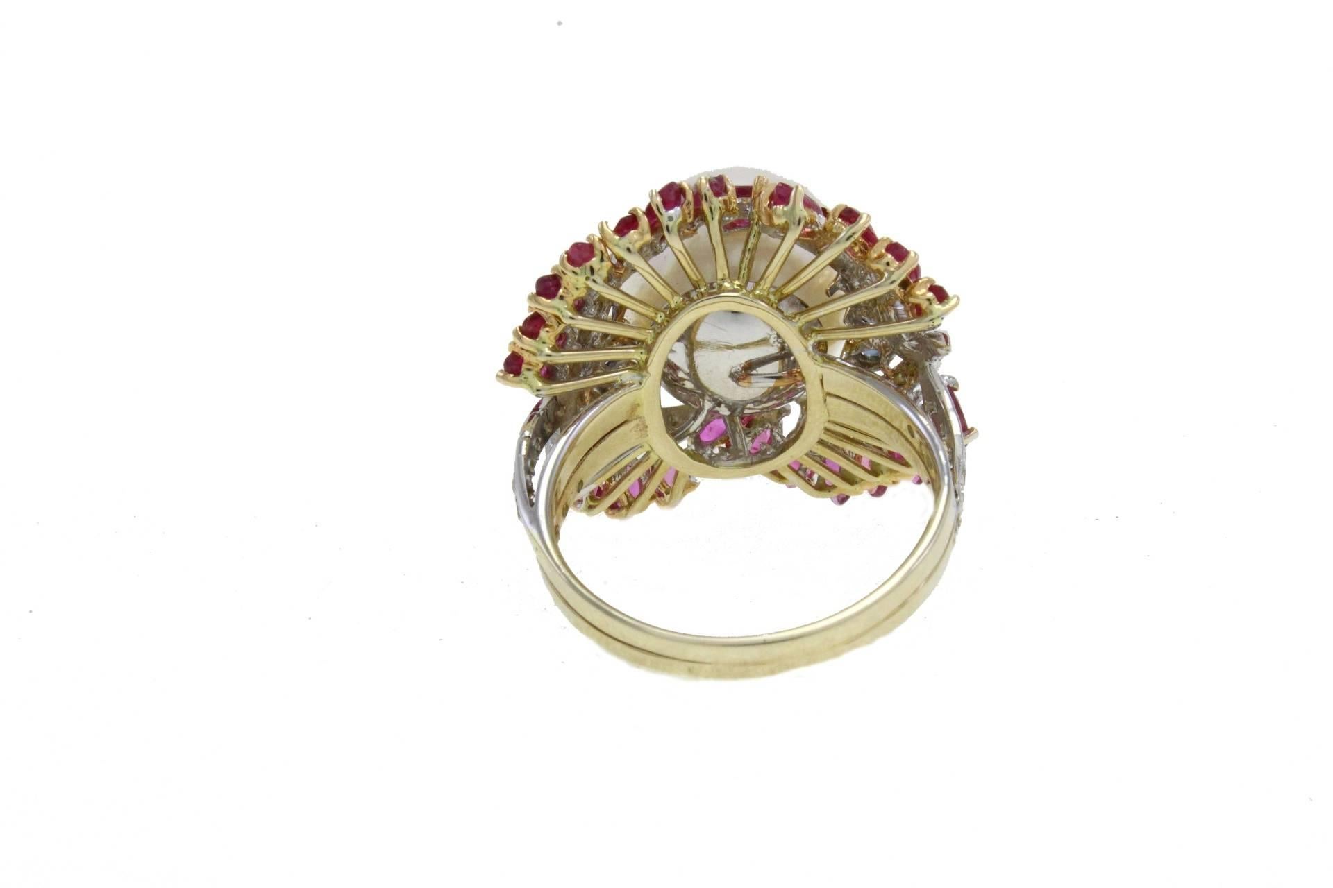 Retro Australian Pearl Sapphire Ruby Diamond Gold Dome Ring