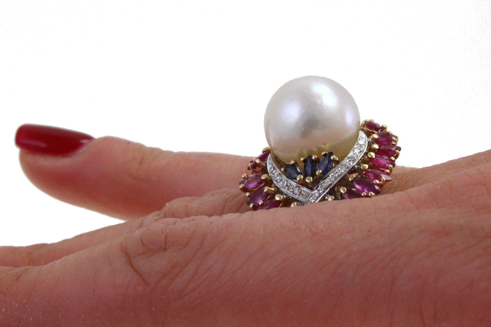 Australian Pearl Sapphire Ruby Diamond Gold Dome Ring 1