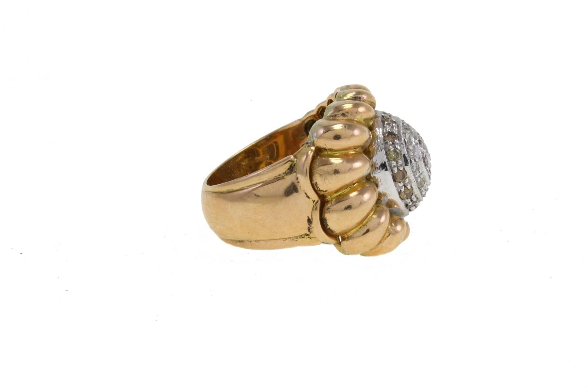 Cornucopia ring in 14kt rose and white gold with brown and white diamonds stripes.
diamonds 1.71kt
tot weight 18gr
US Size
Width 0.98 inches
Length 0.74 inches
Higth 0.35 inches
Diameter 0.70 inches          
ita size 21/ french size 61/usa 9.5     