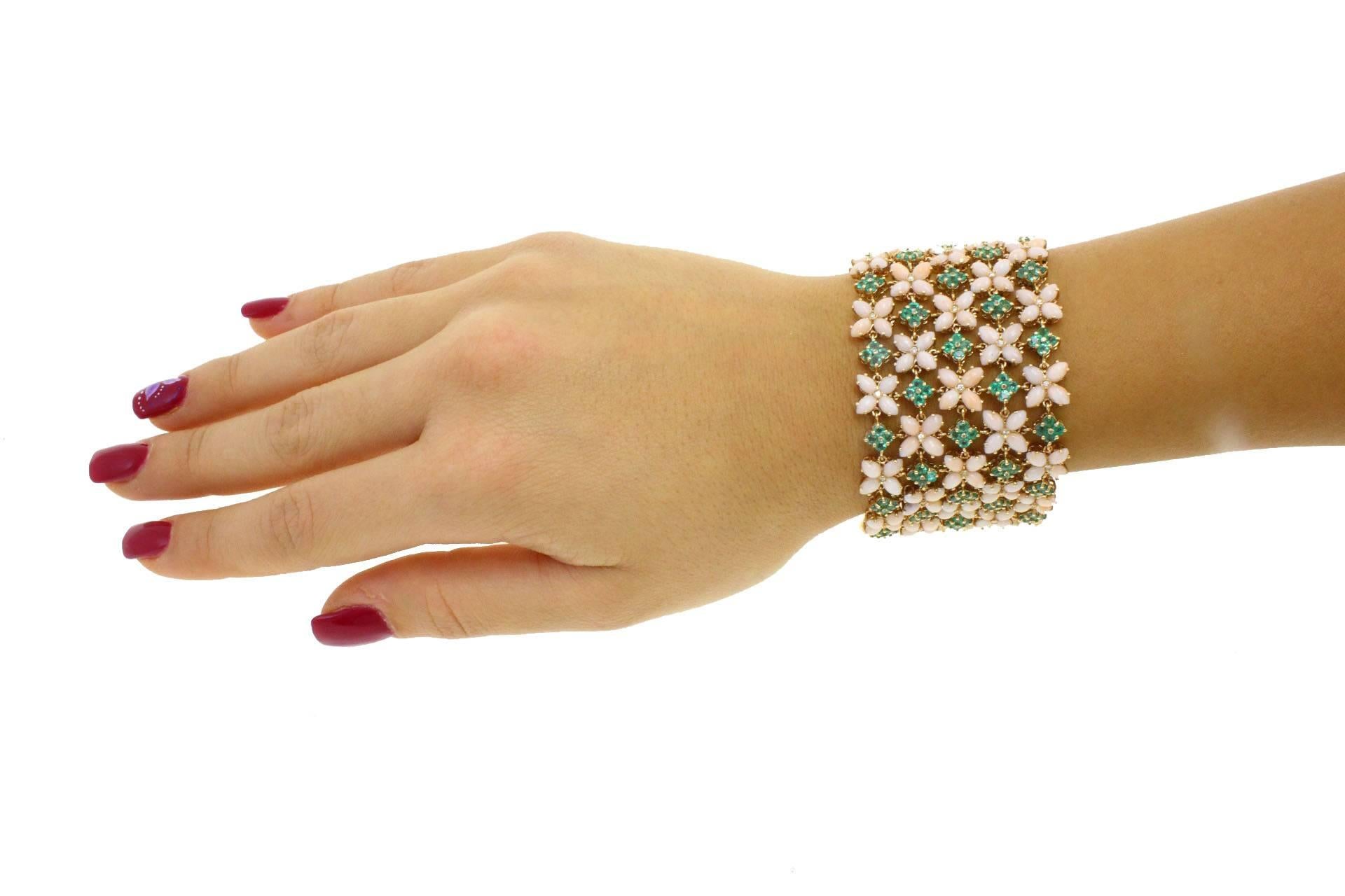 Retro  Pink Coral Emerald Diamond Gold Bracelet