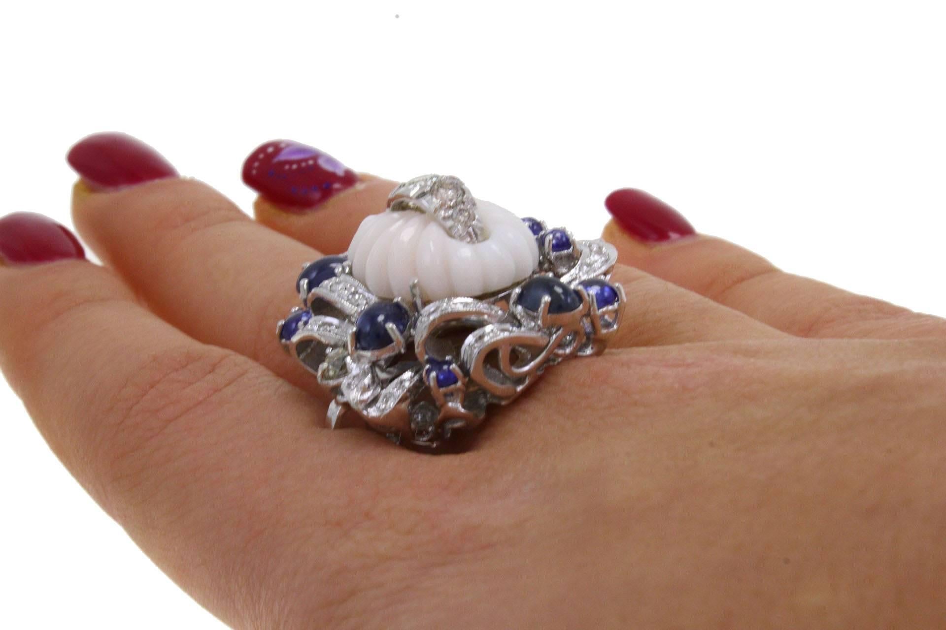 Women's  Diamond Sapphire Coral and Gold Ring For Sale