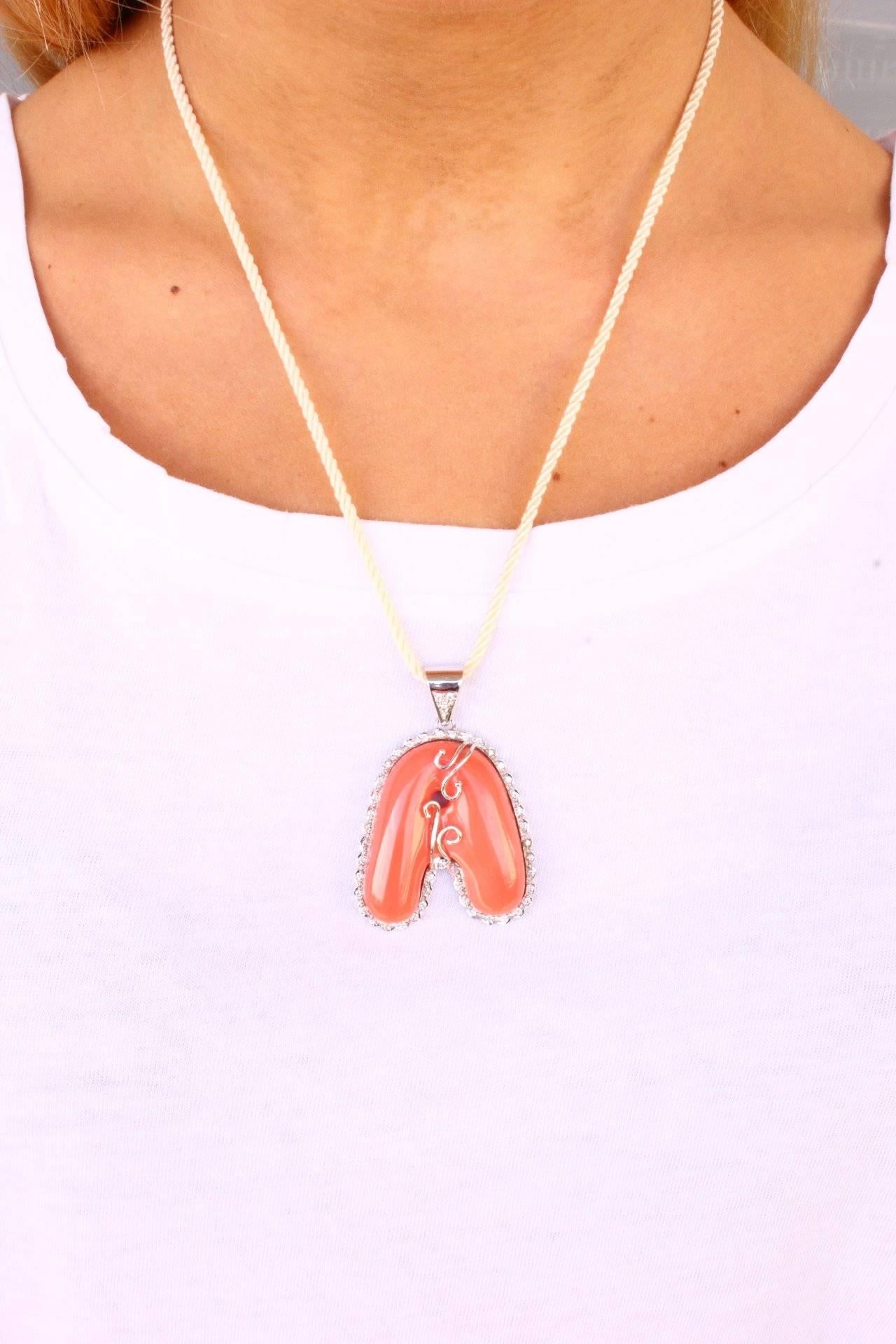 Round Cut White Diamonds, Red Coral, Letter Shape, White Gold Pendant Necklace For Sale