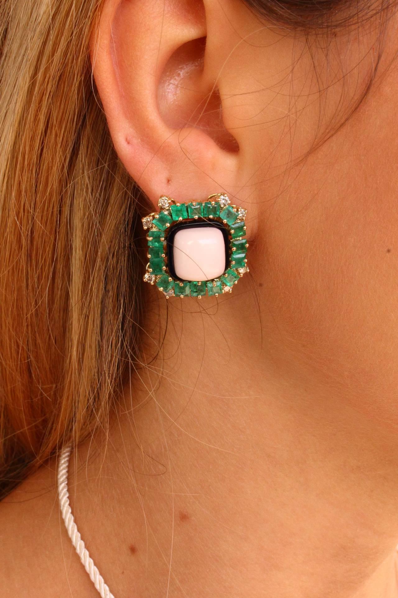 Mixed Cut  White Diamonds, Emeralds, Square Shape Pink Coral, Onyx , Gold Clip-on Earrings